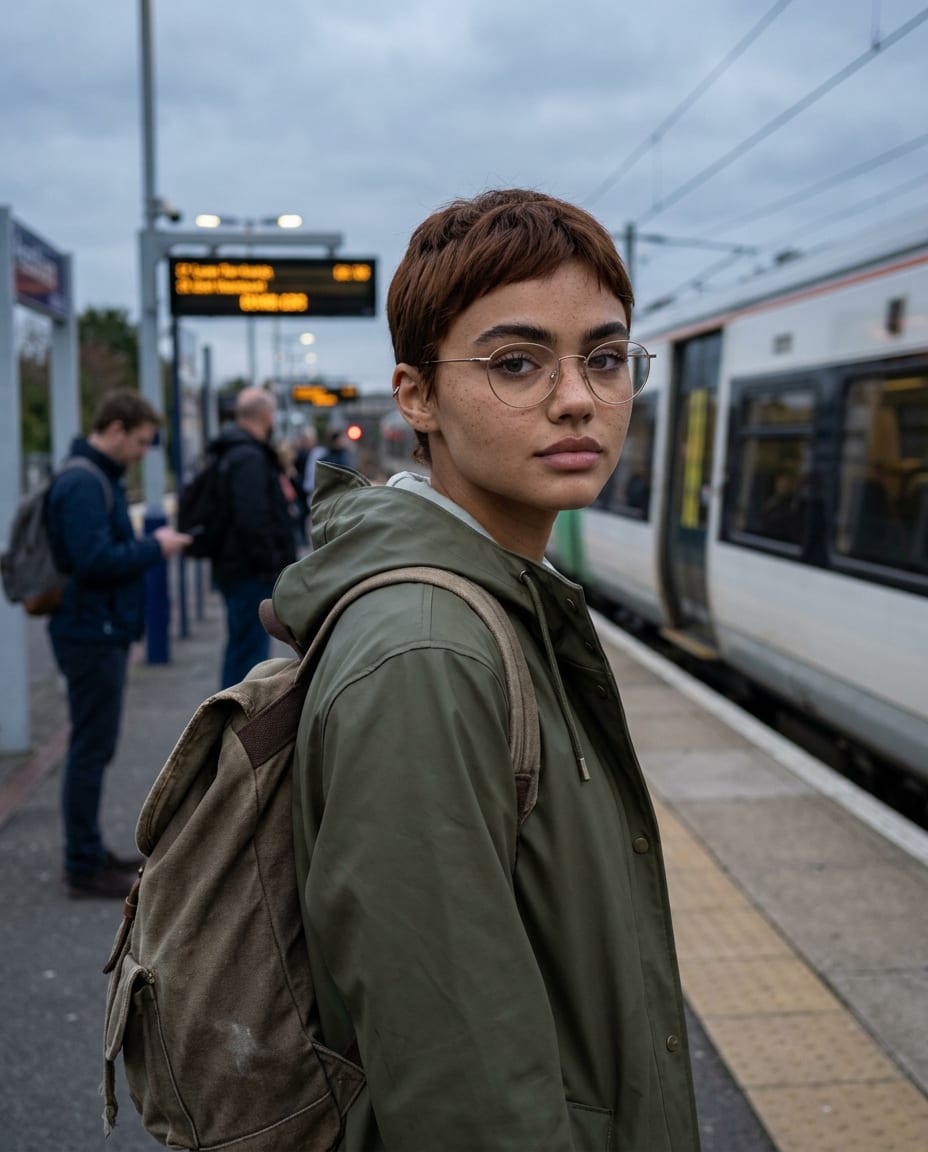 The same fictional woman with round glasses, freckles and short hair on a train platform in an olive rain jacket with a canvas backpack, a train beside her, overcast evening