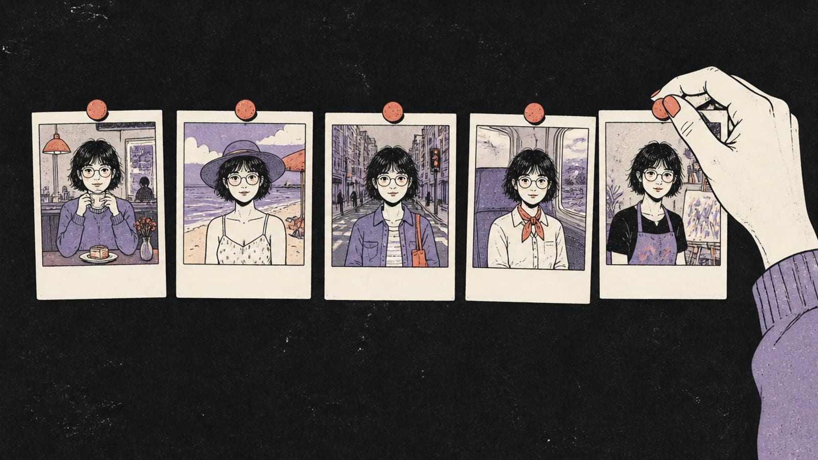 Hand-drawn illustration of a hand pinning the last of five instant photos in a row on a dark board, each showing the same invented young woman with short hair and round glasses in a different place and outfit