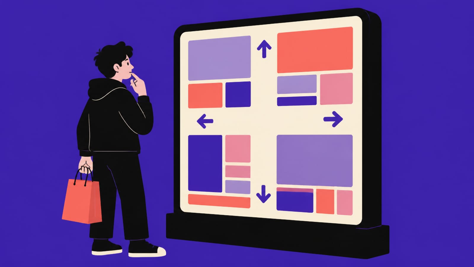 Flat illustration of a young creator in a black hoodie holding a coral shopping bag, hand on chin, looking at a large directory board of coloured blocks and arrows pointing in four directions