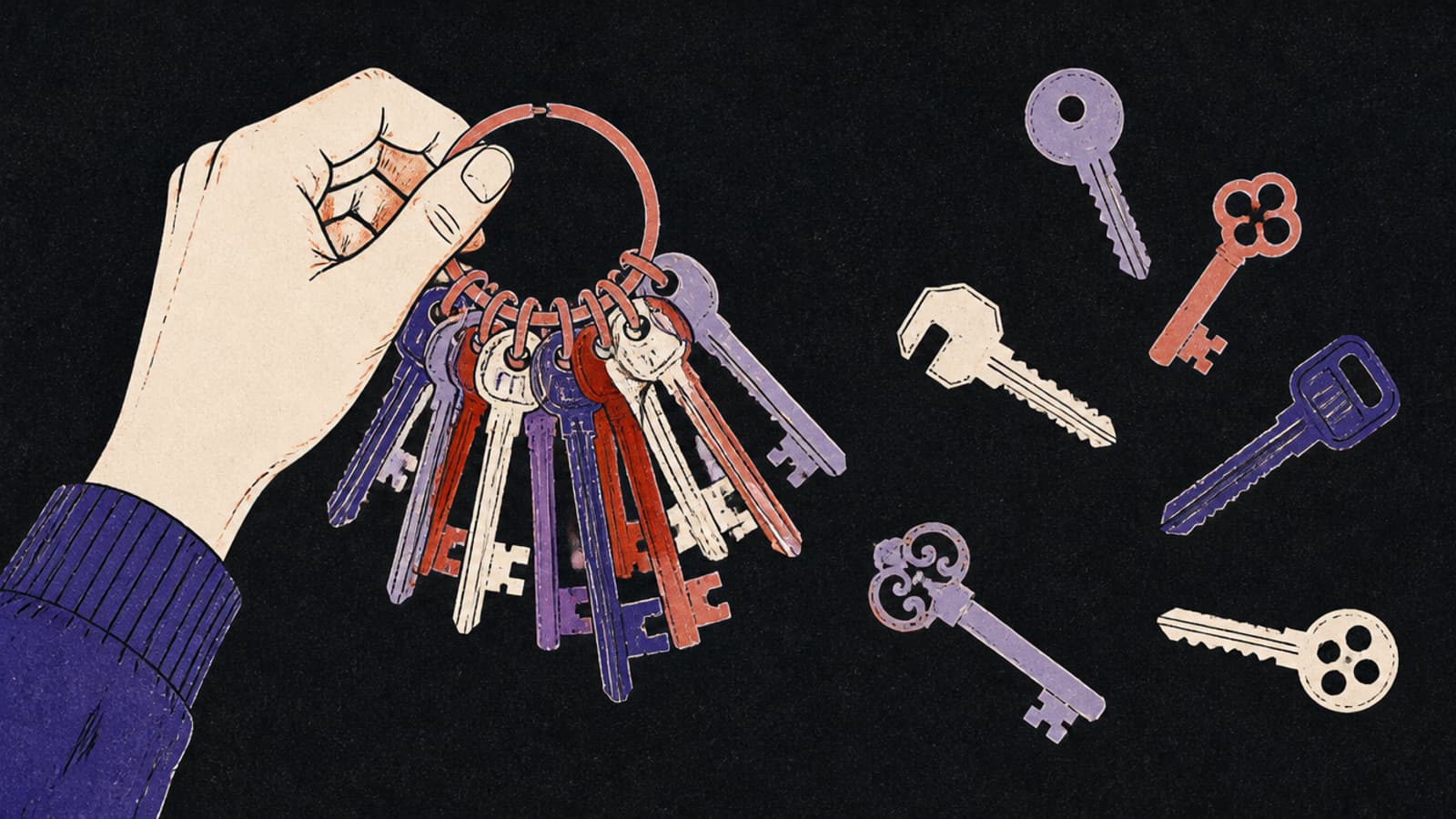 Hand-drawn illustration of a hand holding one coral key ring loaded with many different keys, while several single keys of different shapes lie spread out on a dark background
