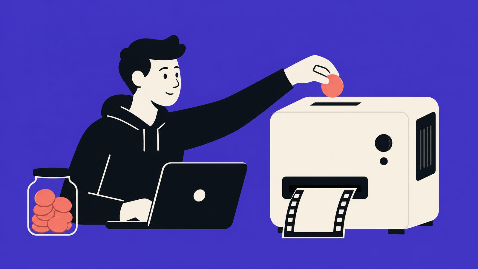 Flat illustration of a developer at a laptop dropping one coral coin into a machine that pushes out a single film frame, with a jar of unused coins beside the laptop