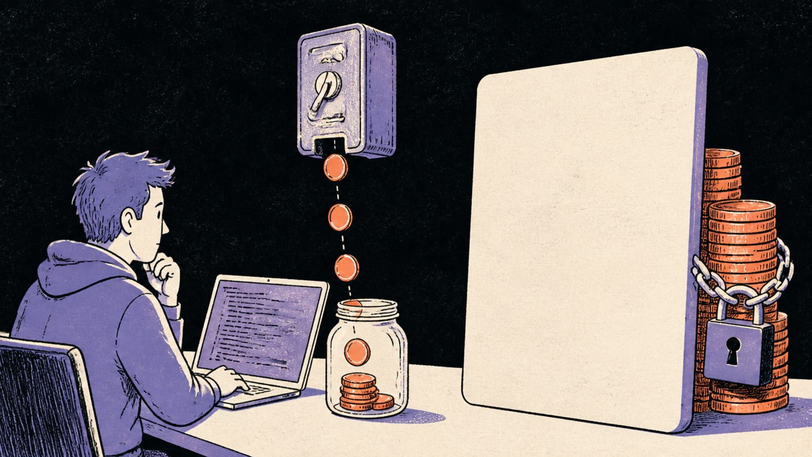 Hand-drawn illustration of a developer at a laptop watching a coin meter drop single coral coins into a jar, beside a large blank card with a stack of coins chained and padlocked behind it