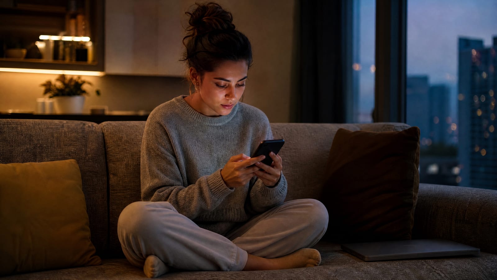 Photo-style image of a young woman sitting cross-legged on a sofa in the evening, tapping on her phone, with a closed laptop beside her