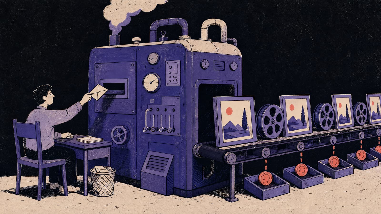 Hand-drawn editorial illustration in violet, coral and off-white on a near-black background: a person at a small desk slides a folded note into a slot in a huge old machine with dials and pipes, and out of its other side a conveyor belt carries a row of finished picture frames and film reels while a coral coin drops into a tray beneath every step.