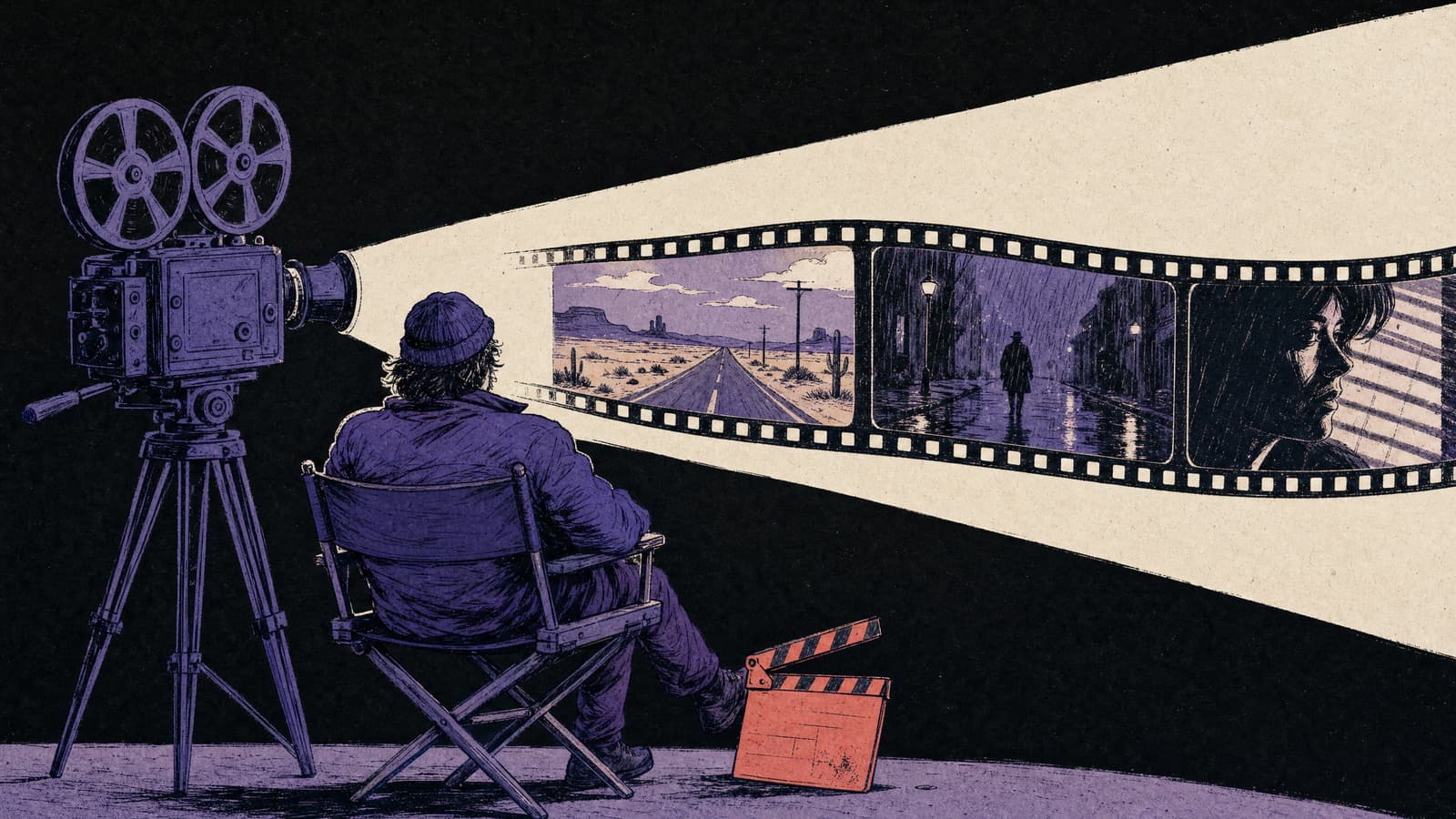 Hand-drawn illustration of a director in a folding chair watching an old cinema camera project a long strip of film frames, a desert road, a rainy street and a face in shadow, with a coral clapperboard at his feet