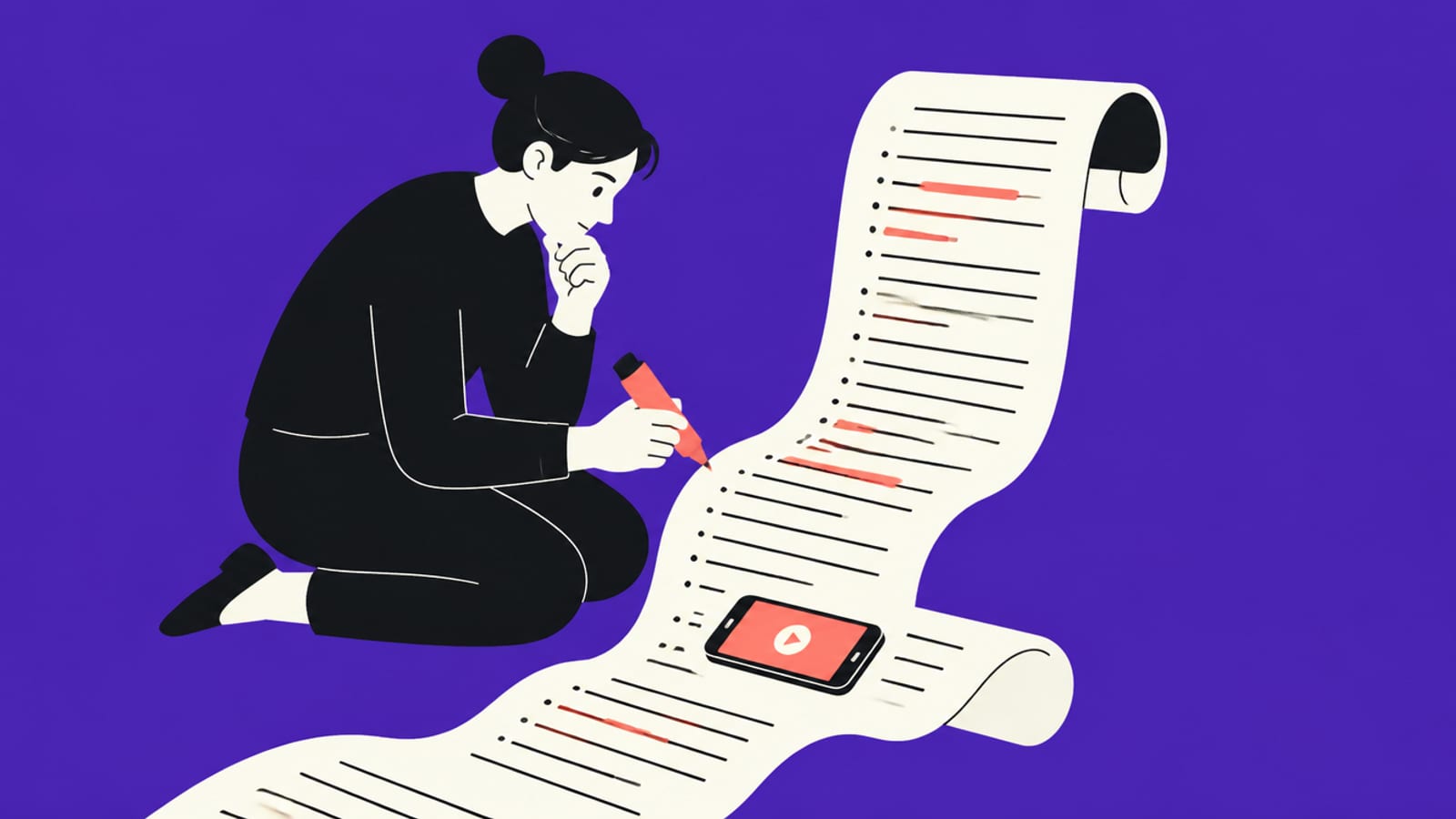 Flat illustration of a person kneeling on the floor, highlighting lines on a very long paper scroll of rules with a coral marker, with a phone showing a play button resting on the scroll