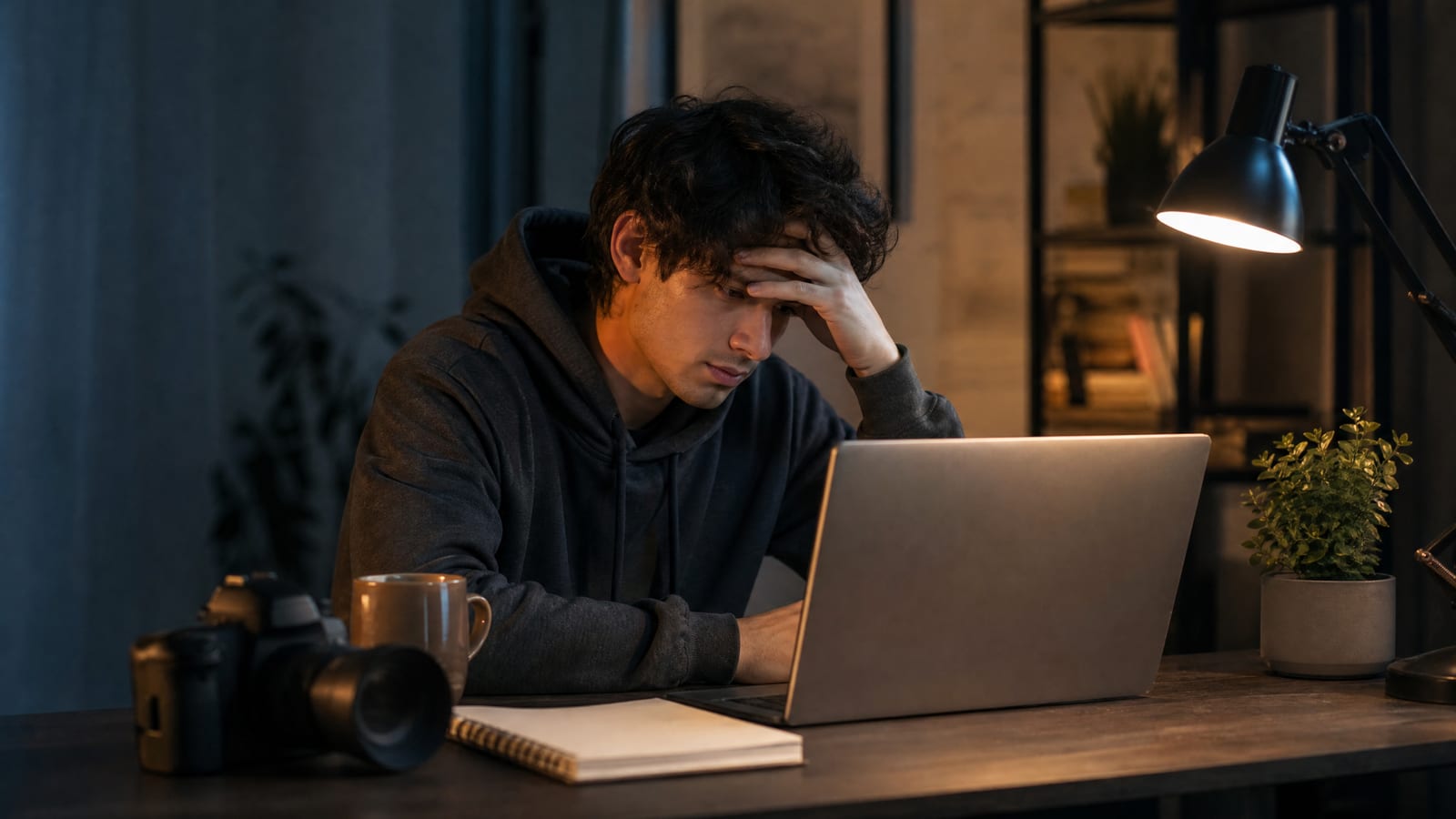 Photo-style image of a young video creator at a desk at night with a hand on his forehead, looking at a laptop whose screen faces away, with a camera, a mug and a notebook beside it