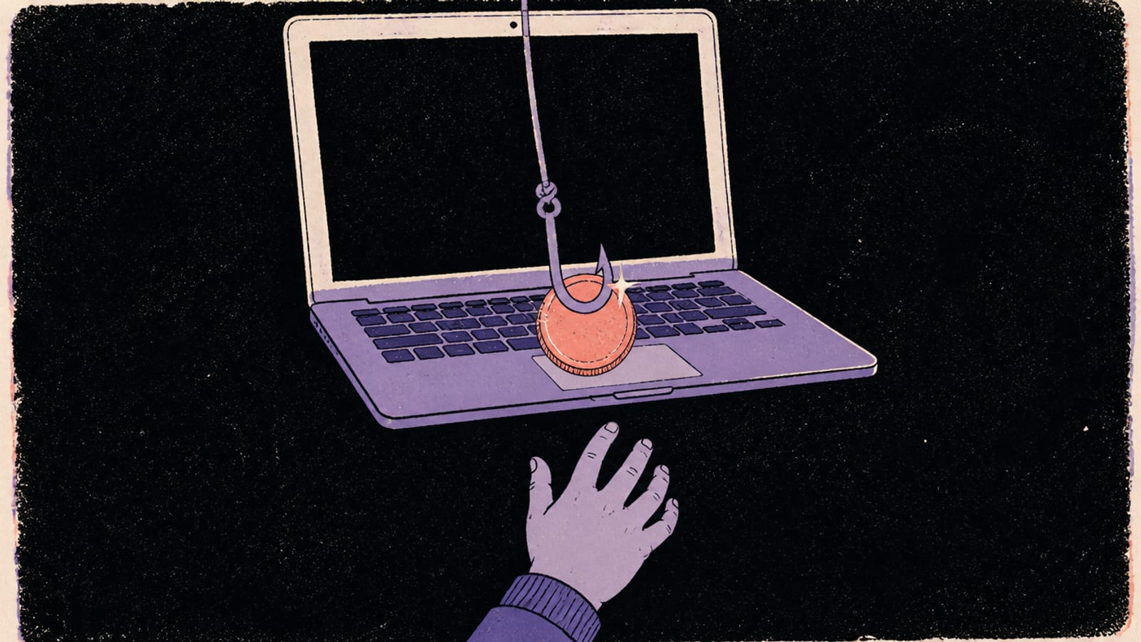 Hand-drawn illustration of a fishing hook hanging out of an open laptop screen, baited with a coral coin, while a hand reaches up toward it