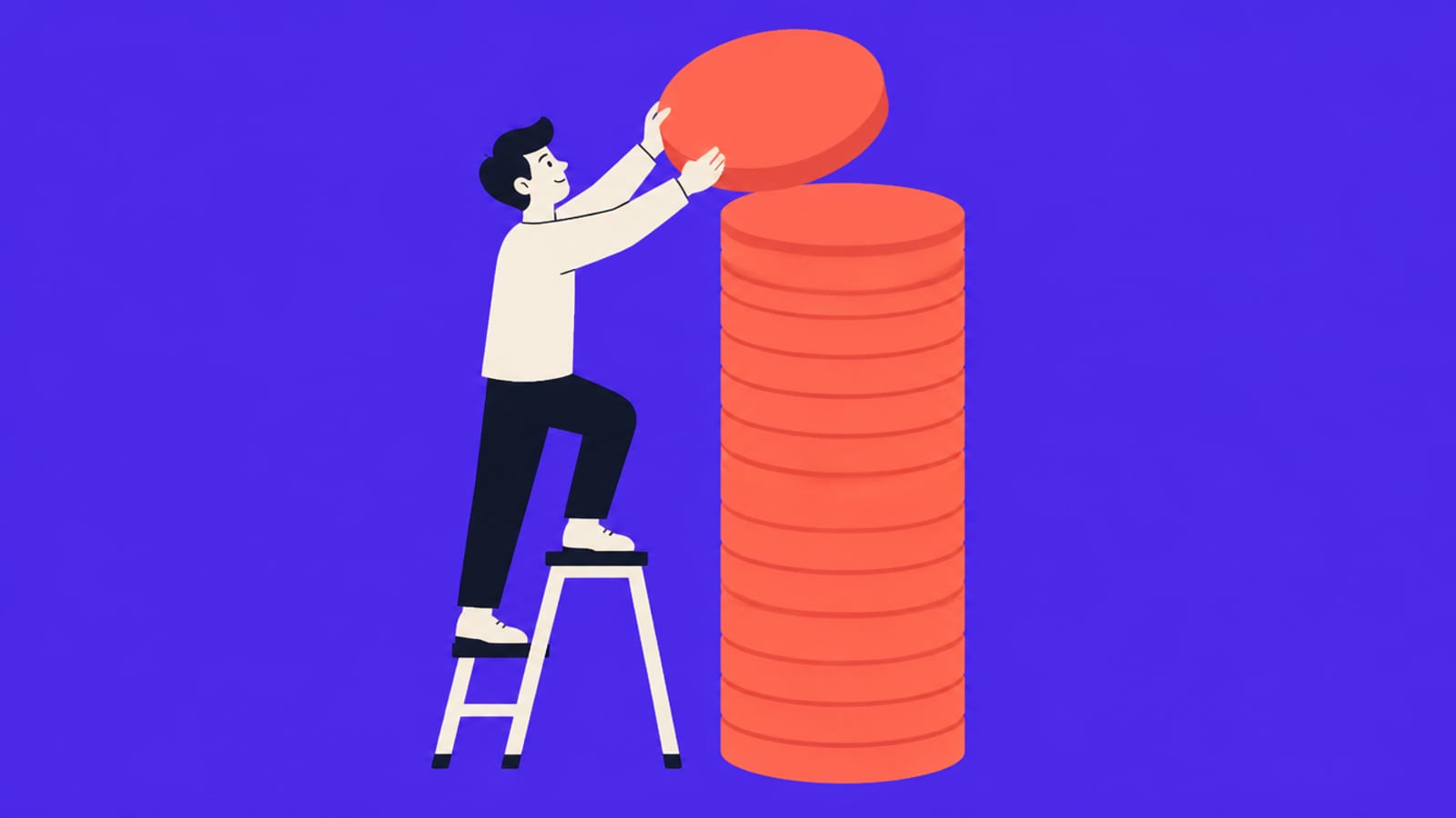 Flat illustration of a person on a small stepladder placing one large coral token on top of a tall stack of tokens against a violet background