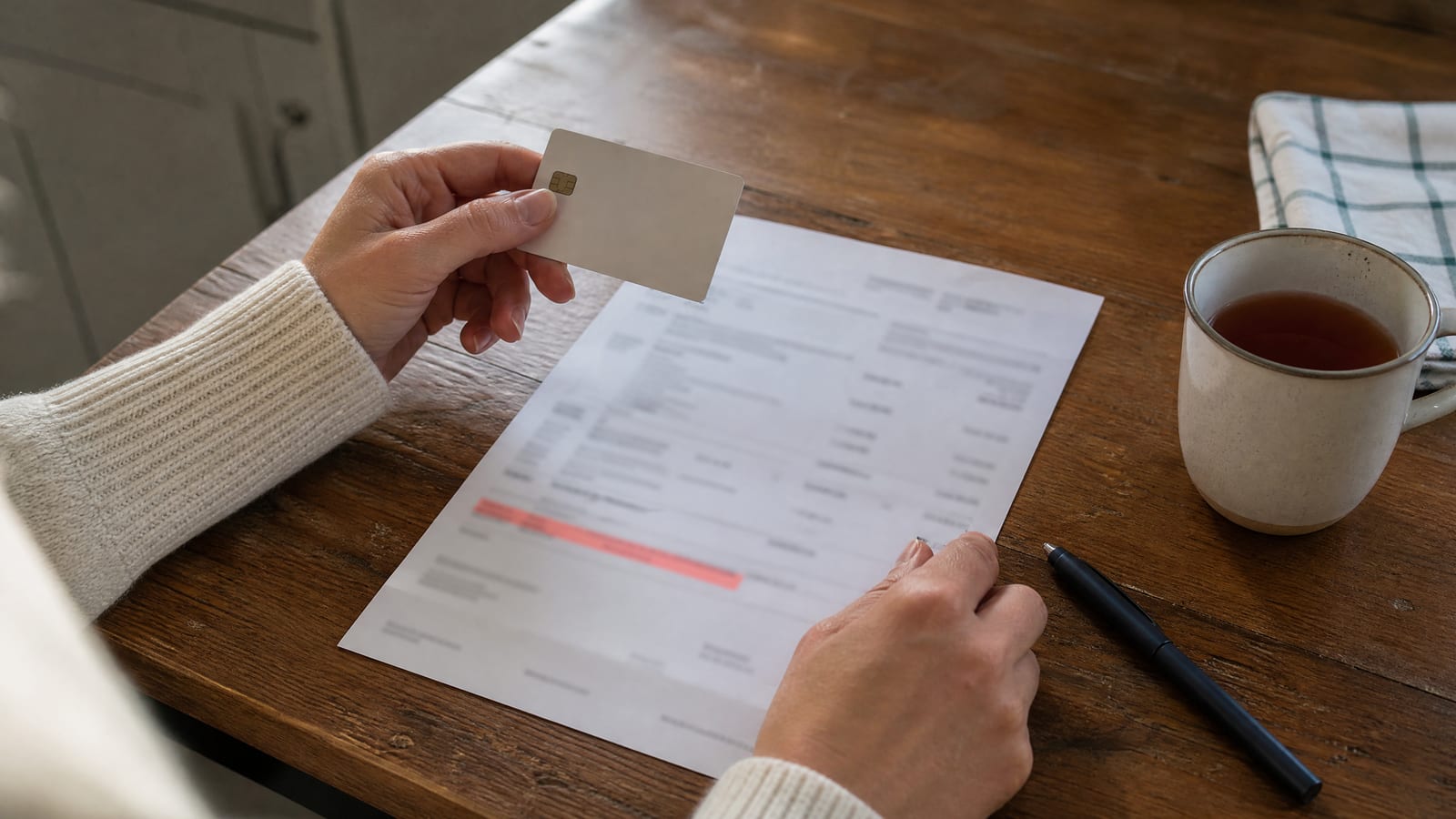 Photo-style image of hands holding a plain payment card over a printed statement with one line marked in coral highlighter, next to a pen and a mug of tea on a wooden table