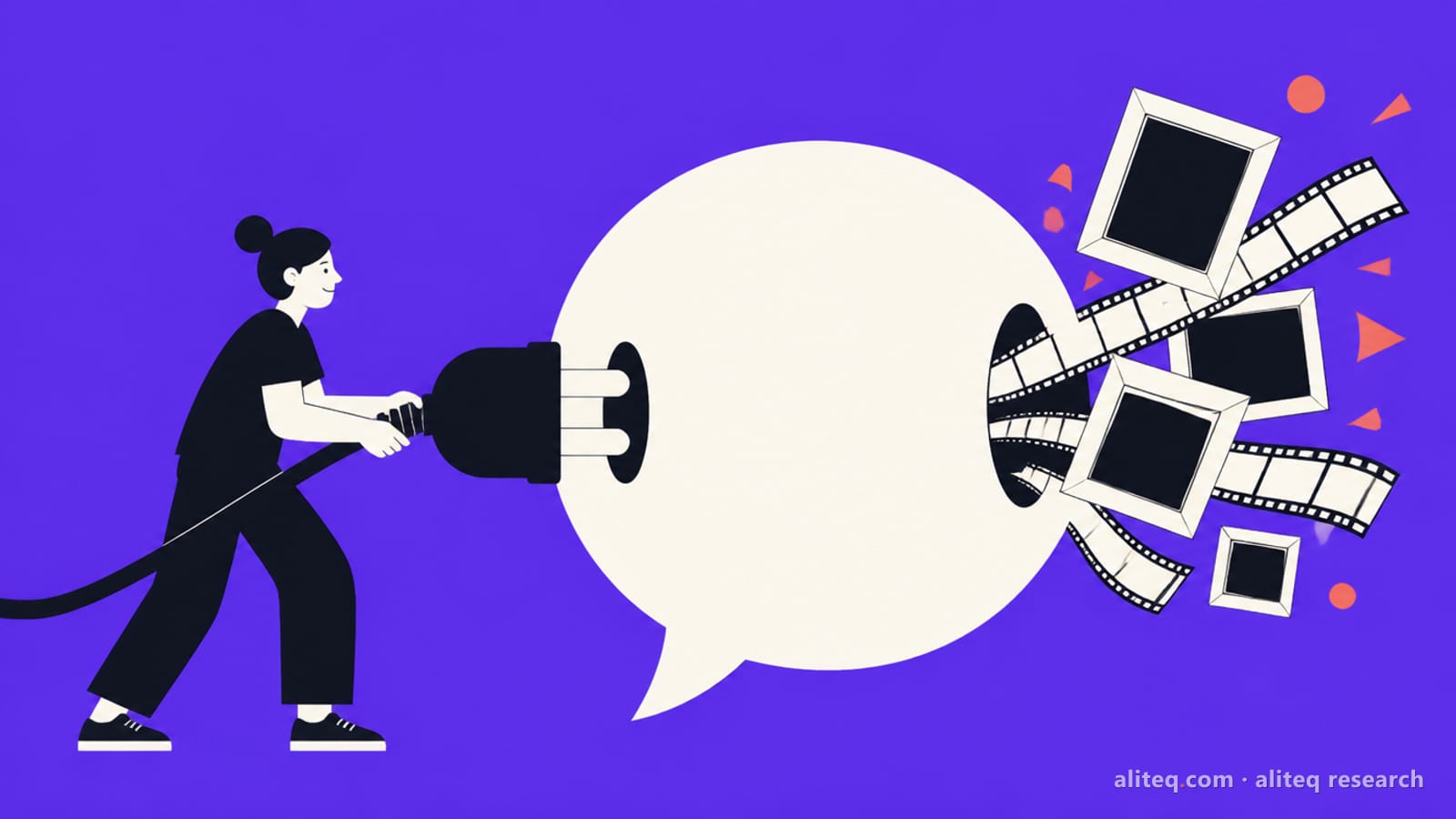 Flat illustration of a person pushing a giant plug into a huge white chat bubble, with picture frames and film strips bursting out the other side, on a violet background