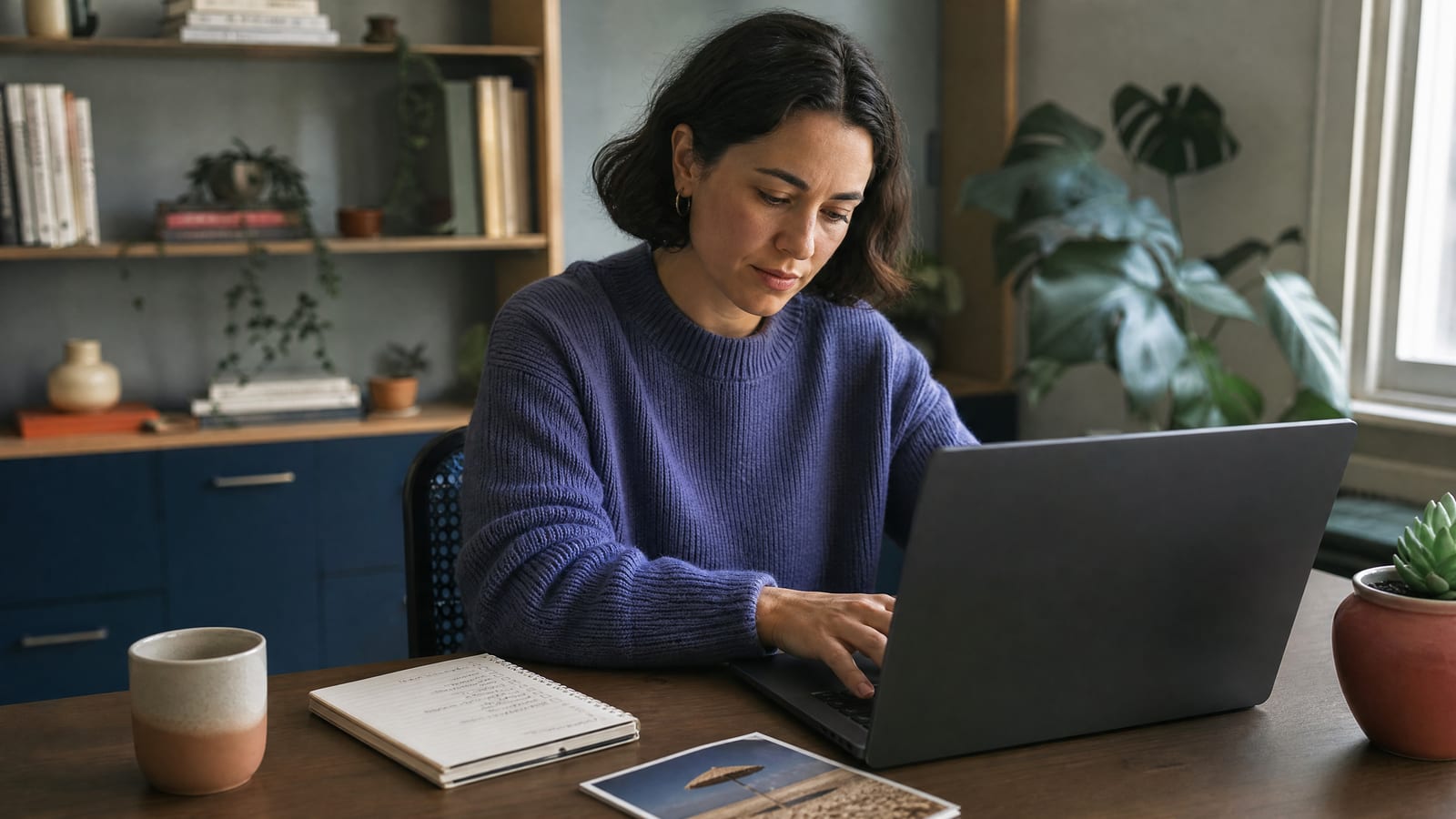 Photo-style image of a woman in a purple sweater typing at a laptop on a wooden desk, with a notebook, a mug and a printed beach photo beside her; the laptop screen faces away from the camera
