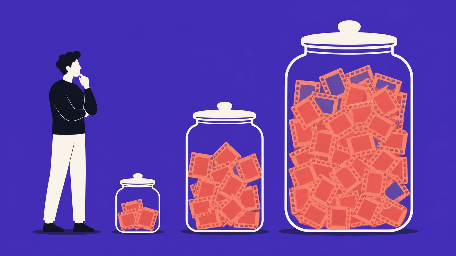 Flat illustration of a person with a hand on his chin deciding between three glass jars of film-frame tokens, one small, one medium and one very large