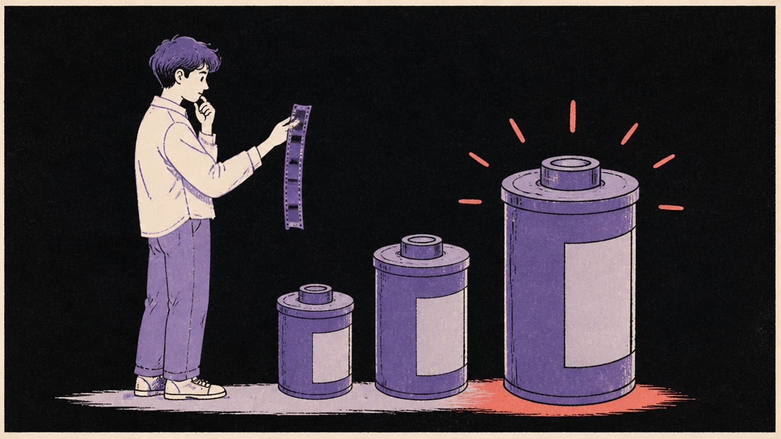 Hand-drawn illustration of a young creator holding a strip of film and looking at three film canisters of increasing size, the largest one marked with a coral glow