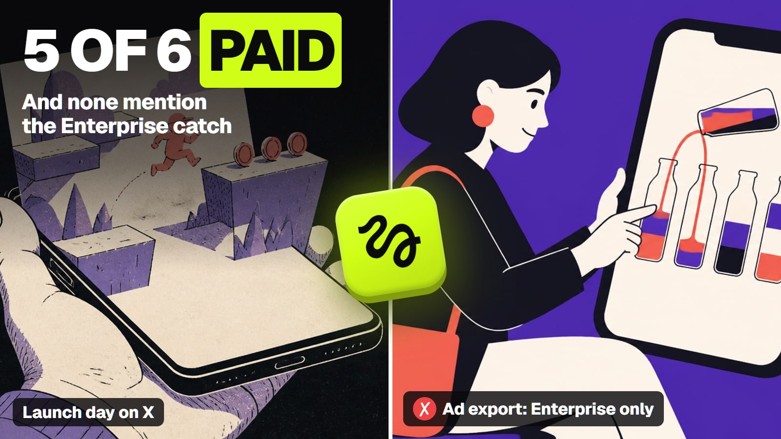 Split thumbnail: left, a hand-drawn illustration of a hand holding a phone with a paper game level rising out of it, under the headline 5 of 6 paid and the line and none mention the Enterprise catch, labelled launch day on X; right, a flat illustration of a woman playing a bottle-sorting puzzle on a phone, labelled with a red cross and ad export: Enterprise only; the Higgsfield app icon sits on the seam