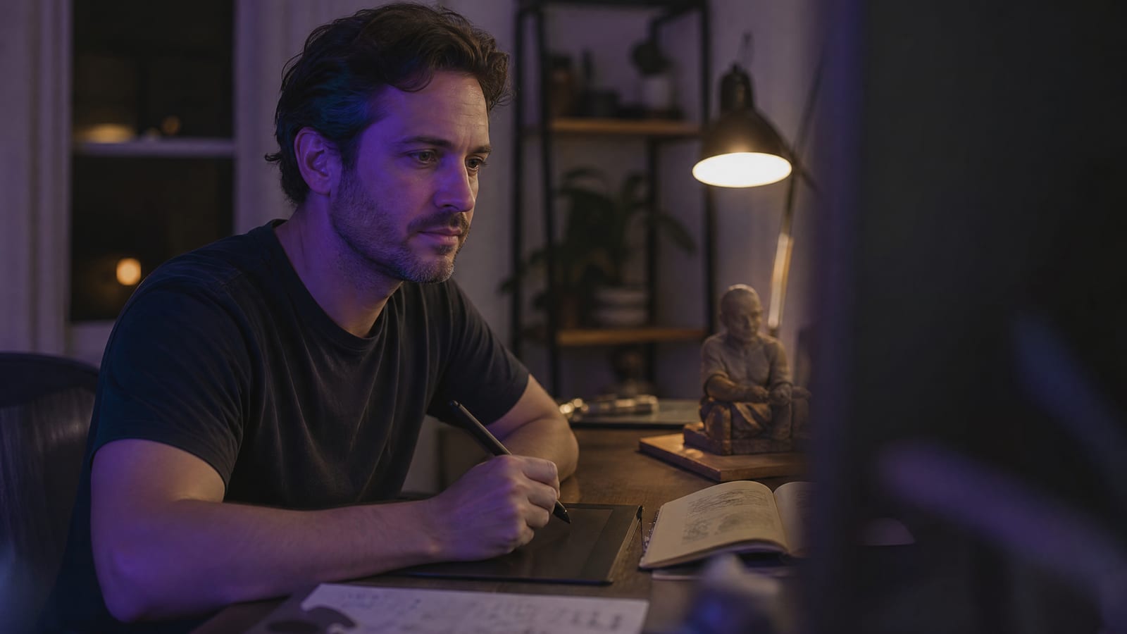 Photo-style image of a fictional man in his thirties working late at a desk lit by a lamp and violet screen glow, drawing on a pen tablet beside a small clay figurine and an open sketchbook