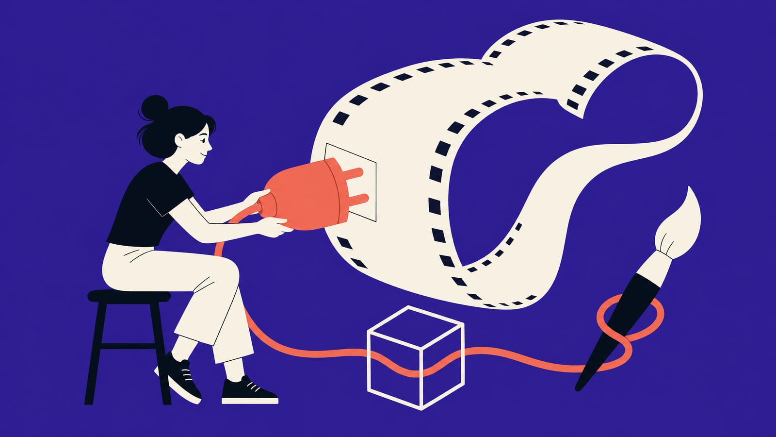 Flat illustration of a young woman on a stool pushing a big coral plug into a curling off-white film strip, with the same cable running on to a wireframe cube and a paintbrush, on a violet background