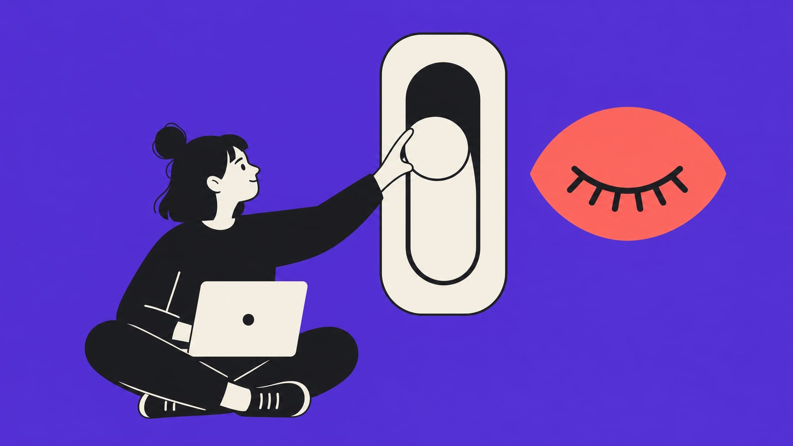 Flat vector illustration of a young woman sitting cross-legged with a laptop, reaching up to flip a giant toggle switch, next to a large coral closed-eye symbol that stands for keeping new generations private