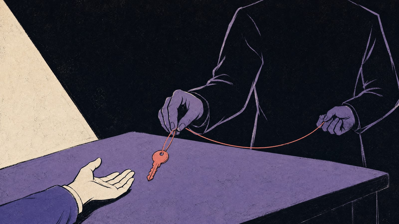 Hand-drawn illustration of a shadowy figure sliding a coral key on a string across a table to an open hand while keeping hold of the other end of the string