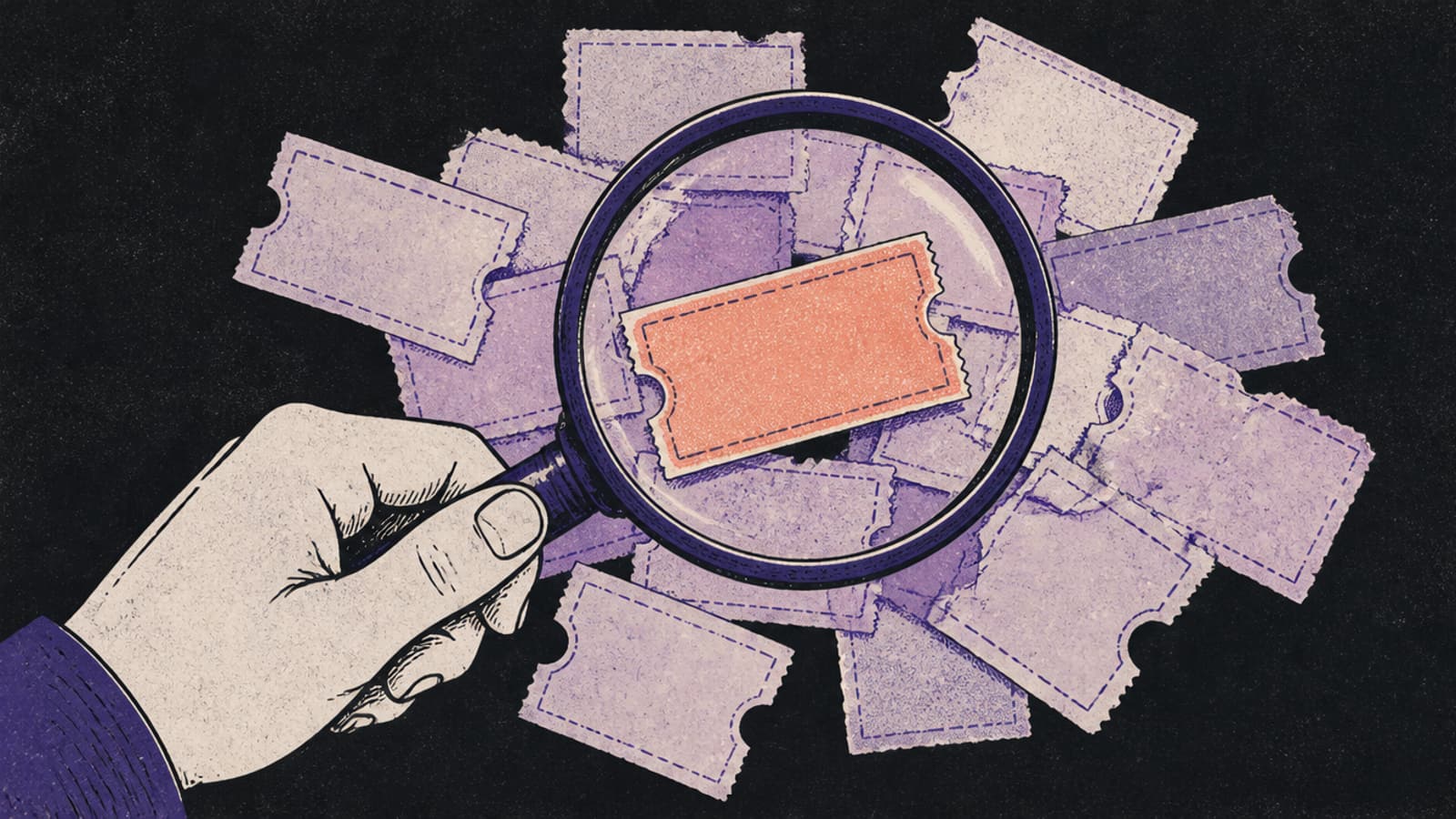 Hand-drawn illustration of a hand holding a magnifying glass over a pile of faded blank coupon tickets, with one coral ticket under the lens