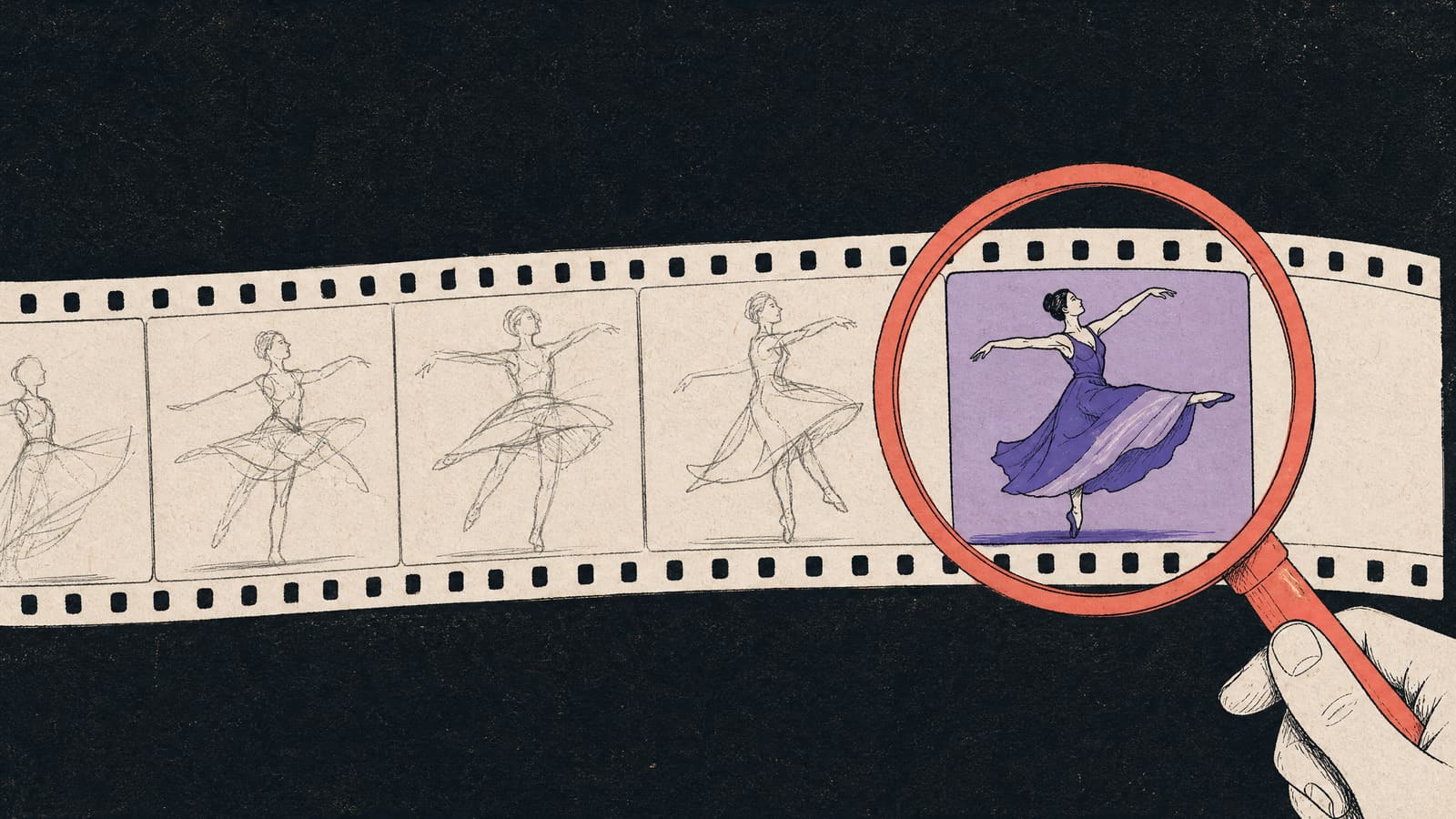 Hand-drawn illustration of a film strip of rough pencil sketches of a dancer ending in one fully coloured frame, held under a coral magnifying glass