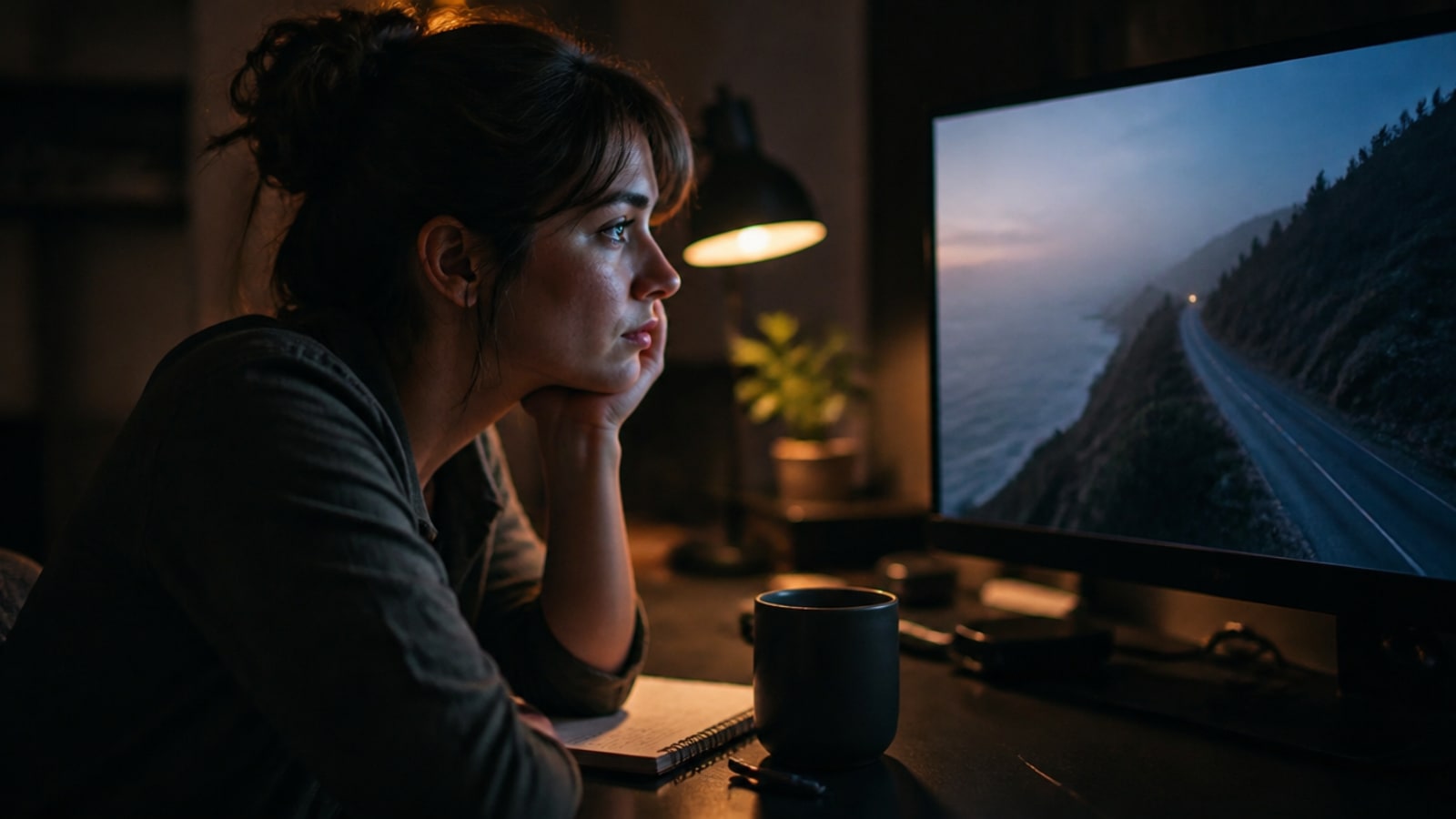 A filmmaker at a dark desk lit by a lamp, chin in hand, watching a short clip of a misty coastal road on a large monitor