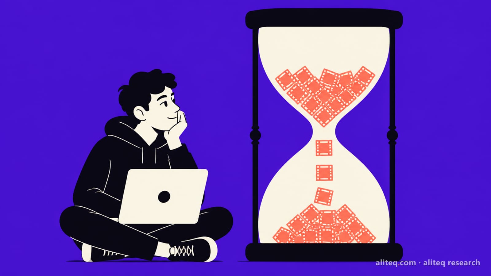 Flat illustration of a person sitting cross-legged with a laptop, chin on hand, waiting beside a giant hourglass that drips coral film frames one by one