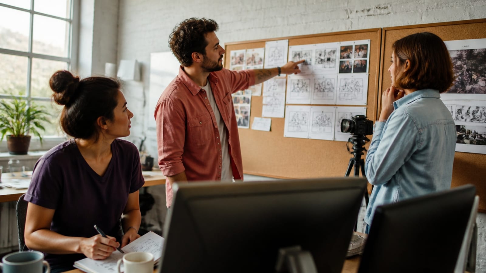 Photo-style image of three fictional coworkers in a bright loft studio: a man in a coral shirt points at storyboard sheets pinned to a corkboard, a woman takes notes, another woman listens beside a camera on a tripod, with two monitors facing away in the foreground