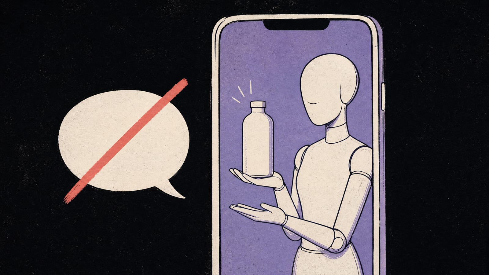 Hand-drawn illustration of a faceless mannequin-like presenter inside a vertical phone frame demonstrating a plain bottle, beside an empty speech bubble crossed out with a coral line