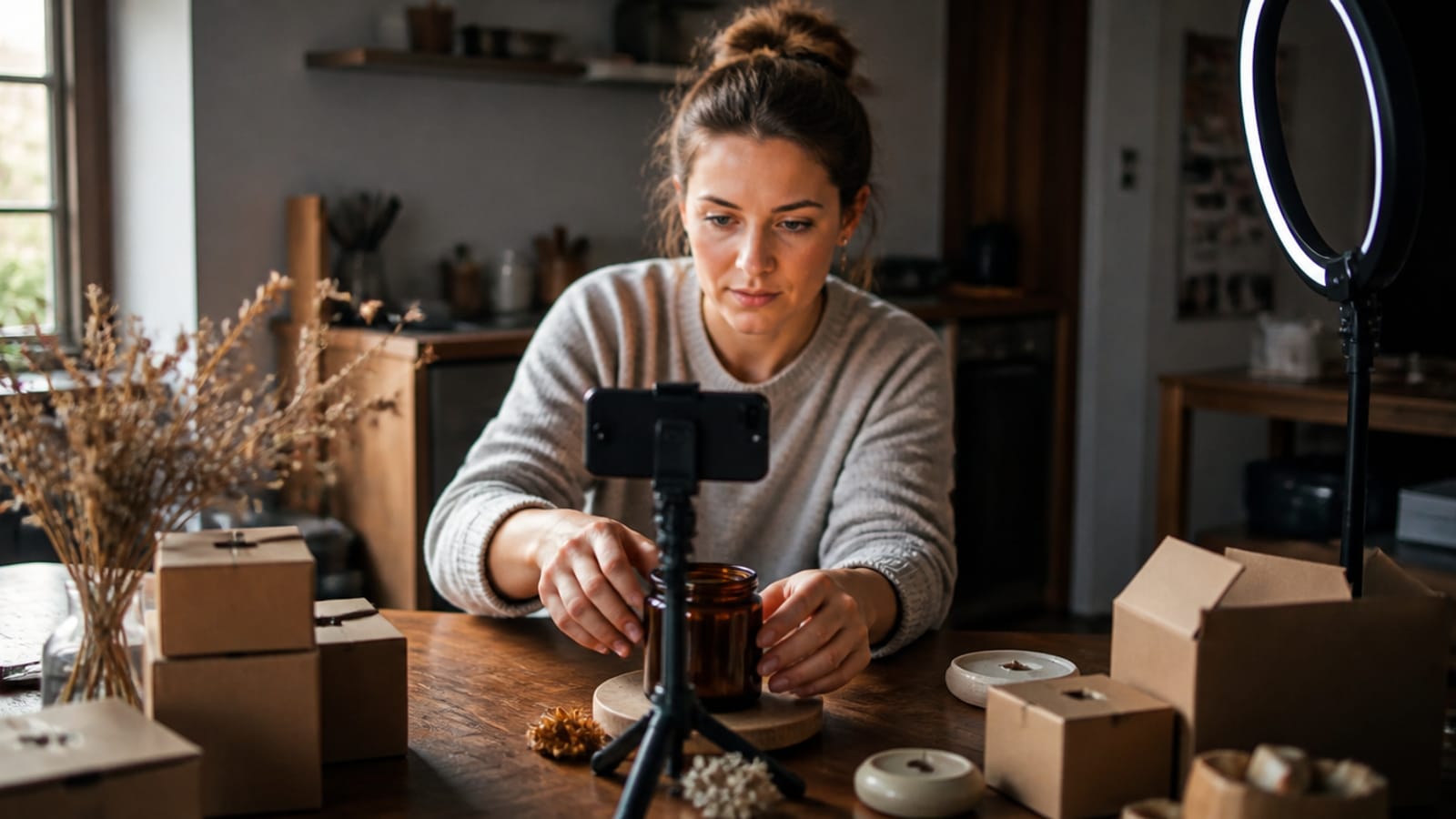 Photo of a small-business owner at a wooden kitchen table filming an unlabeled amber candle jar with a phone on a small tripod, a ring light and kraft boxes around her