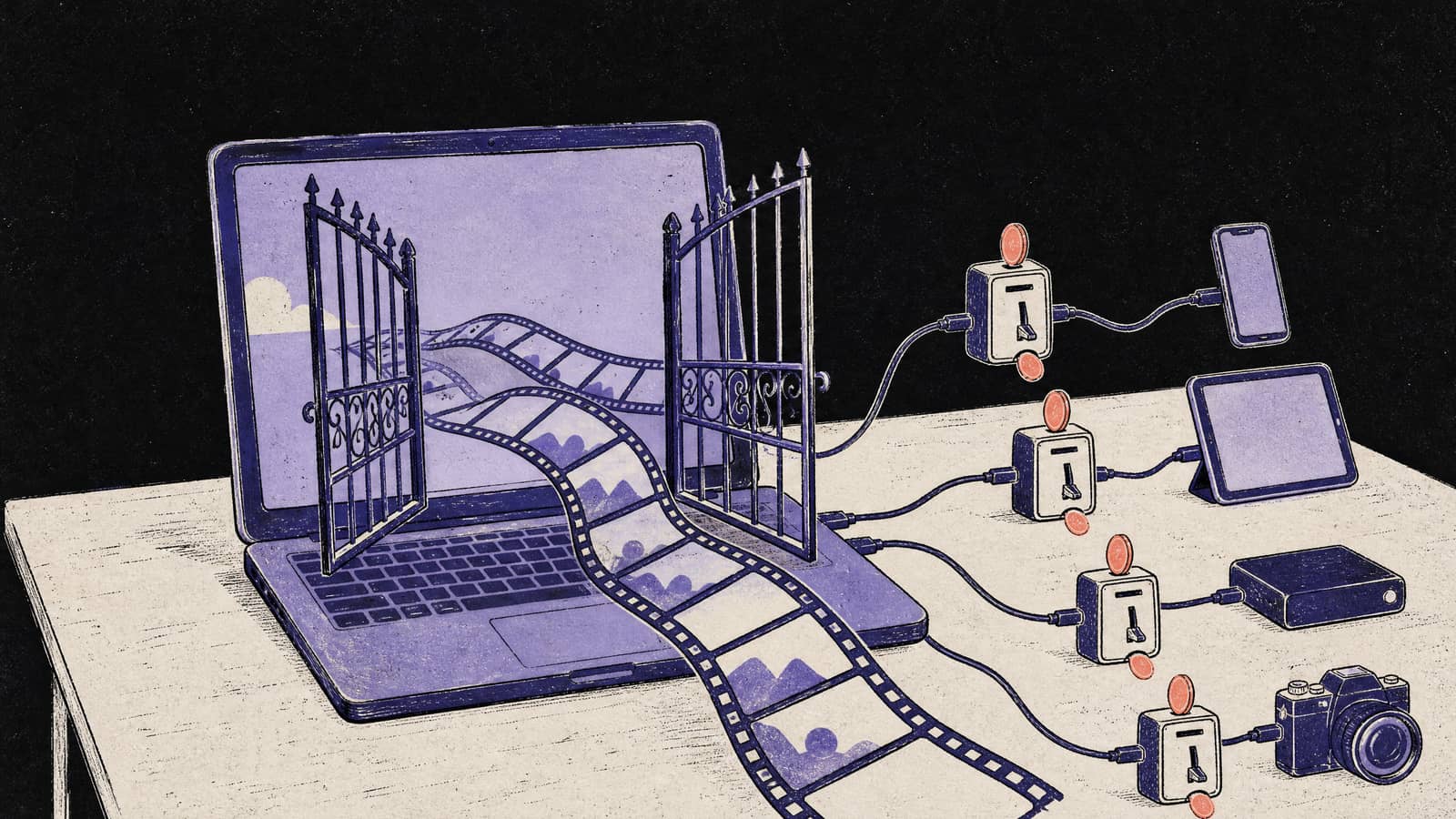 Hand-drawn illustration of a laptop with an open gate in front of its screen and film frames flowing freely through it, while cables to a phone, a tablet, a drive and a camera each pass through a small coin meter dropping coral coins