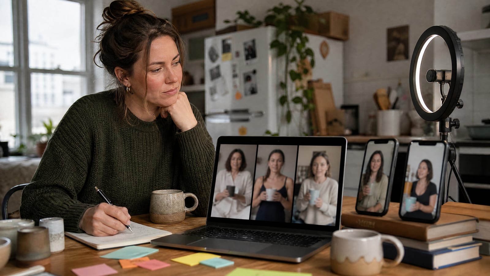 Photoreal scene of a fictional small-business founder at a kitchen table with a ring light and handmade ceramic mugs, comparing five short vertical video drafts of different presenters holding a mug, on a laptop and two propped-up phones, while taking notes.