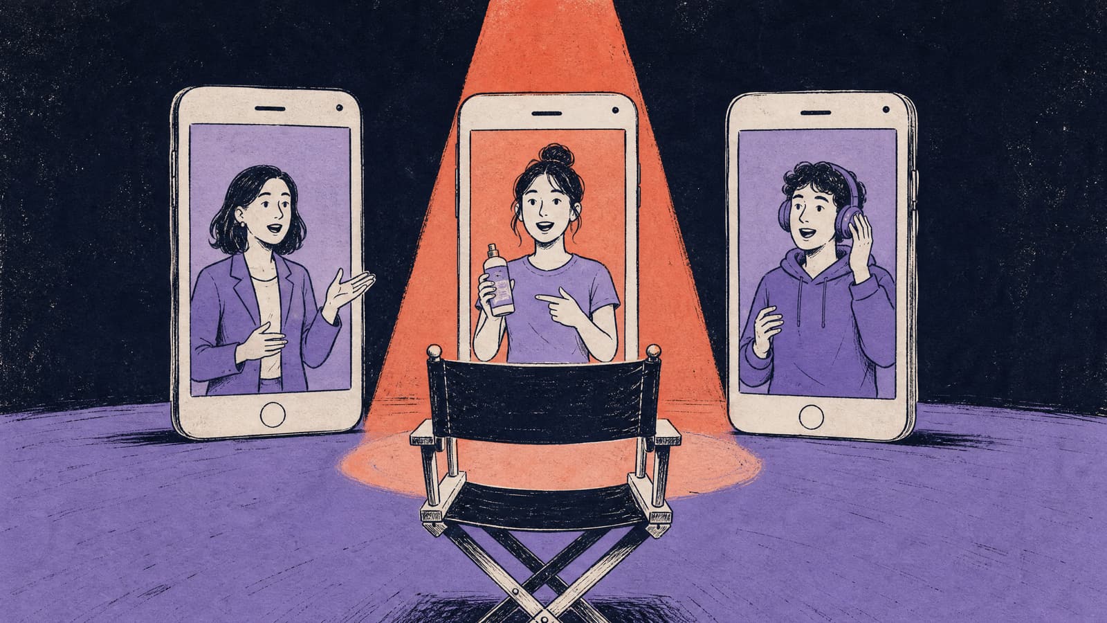 Hand-drawn illustration of an empty director's chair facing three upright smartphones on a stage, each screen showing a different presenter talking, with a coral spotlight on the middle phone where a presenter holds a product bottle