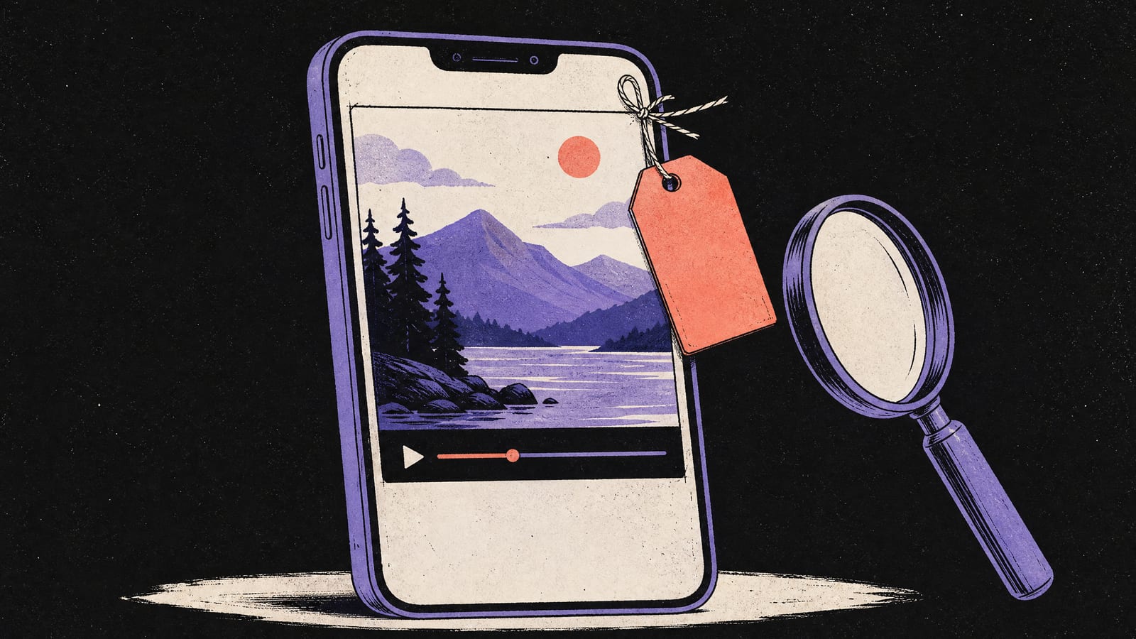 Hand-drawn illustration of a smartphone showing a landscape video frame with a blank coral paper tag tied to its corner and a magnifying glass beside it
