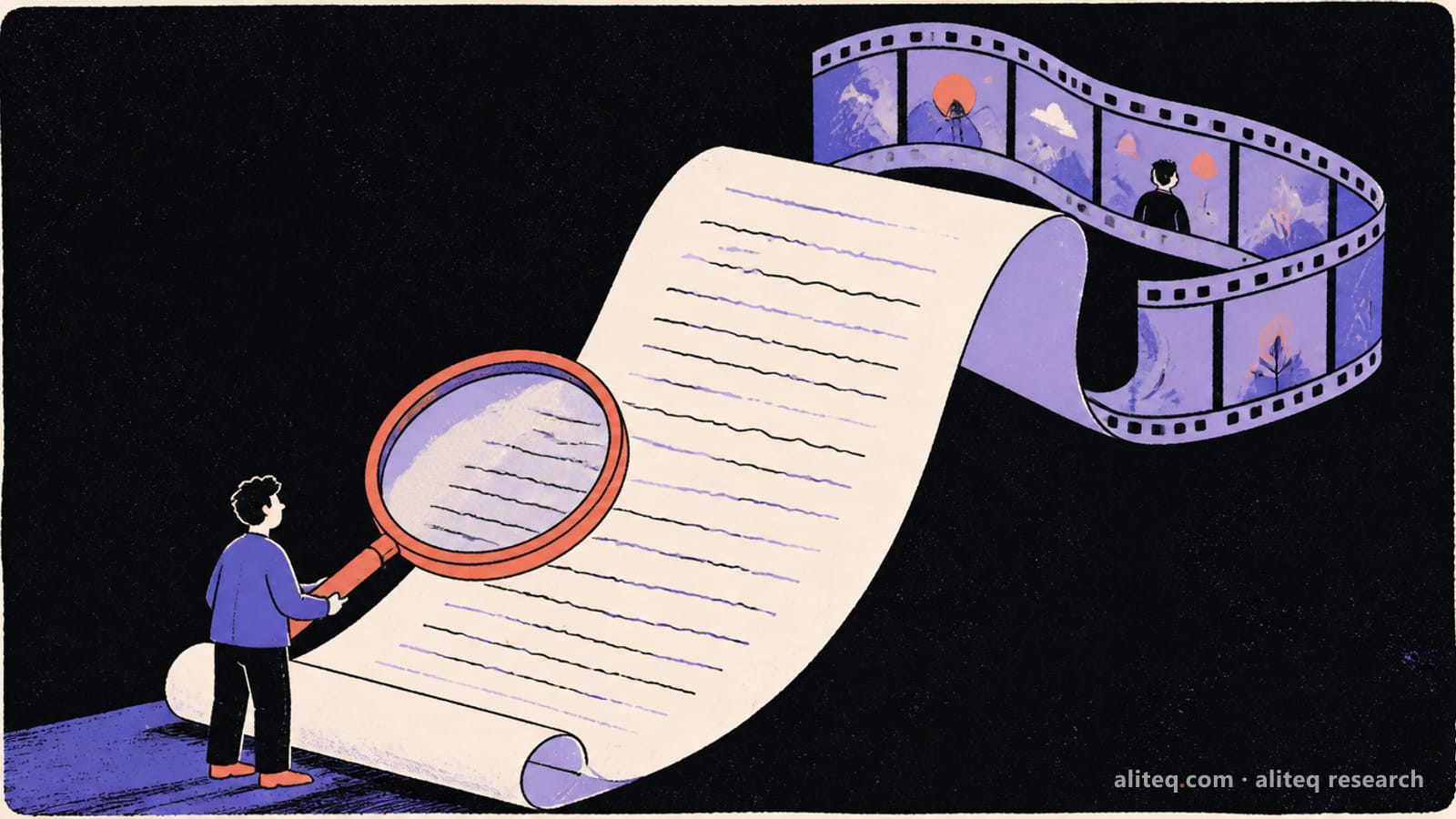 Hand-drawn editorial illustration of a small figure holding a large magnifying glass over a long unrolled contract that curls into a film strip, in violet, lavender and coral on a near-black background