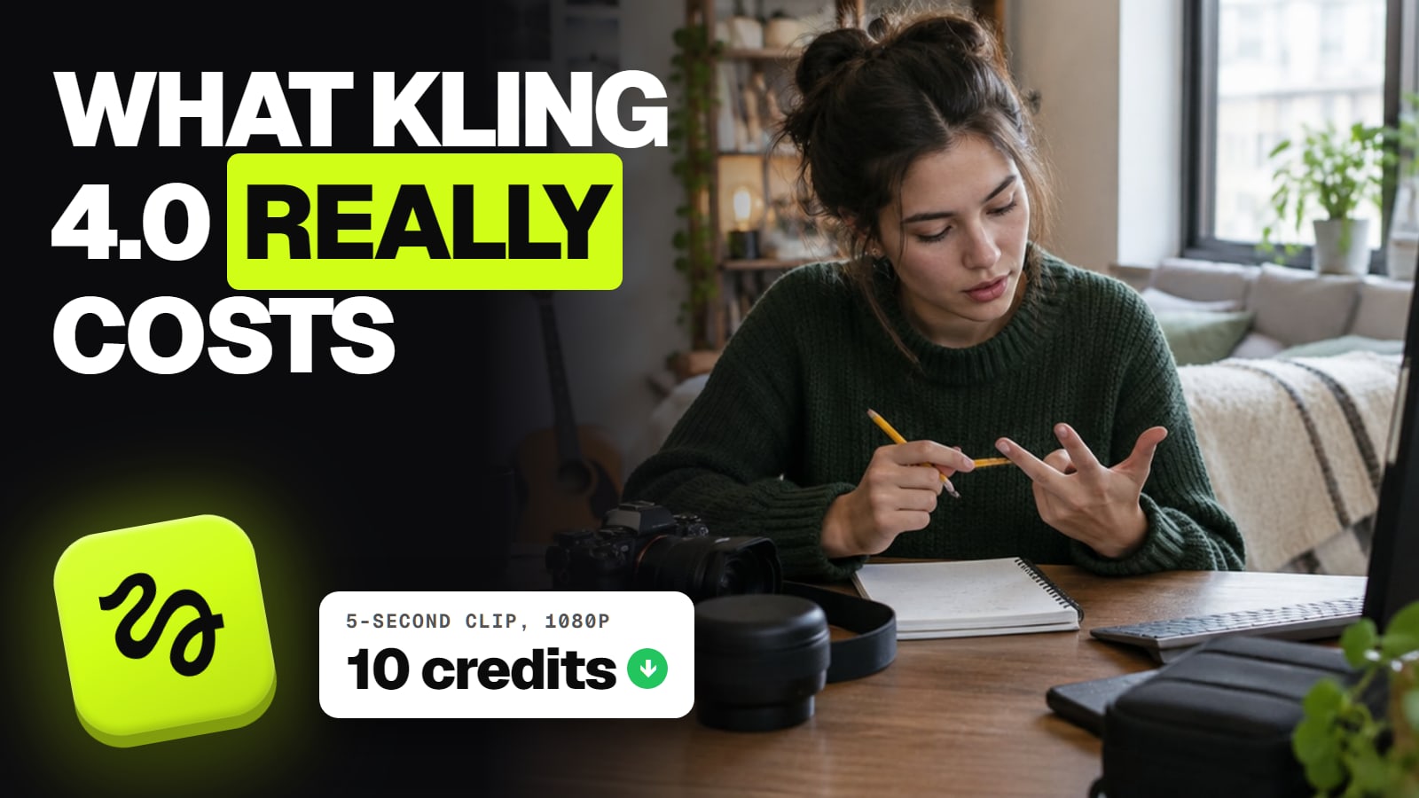 Thumbnail of a woman at a desk with a camera, counting on her fingers with a pencil, next to the headline What Kling 4.0 really costs, the Higgsfield logo tile and a card reading 5-second clip, 1080p: 10 credits