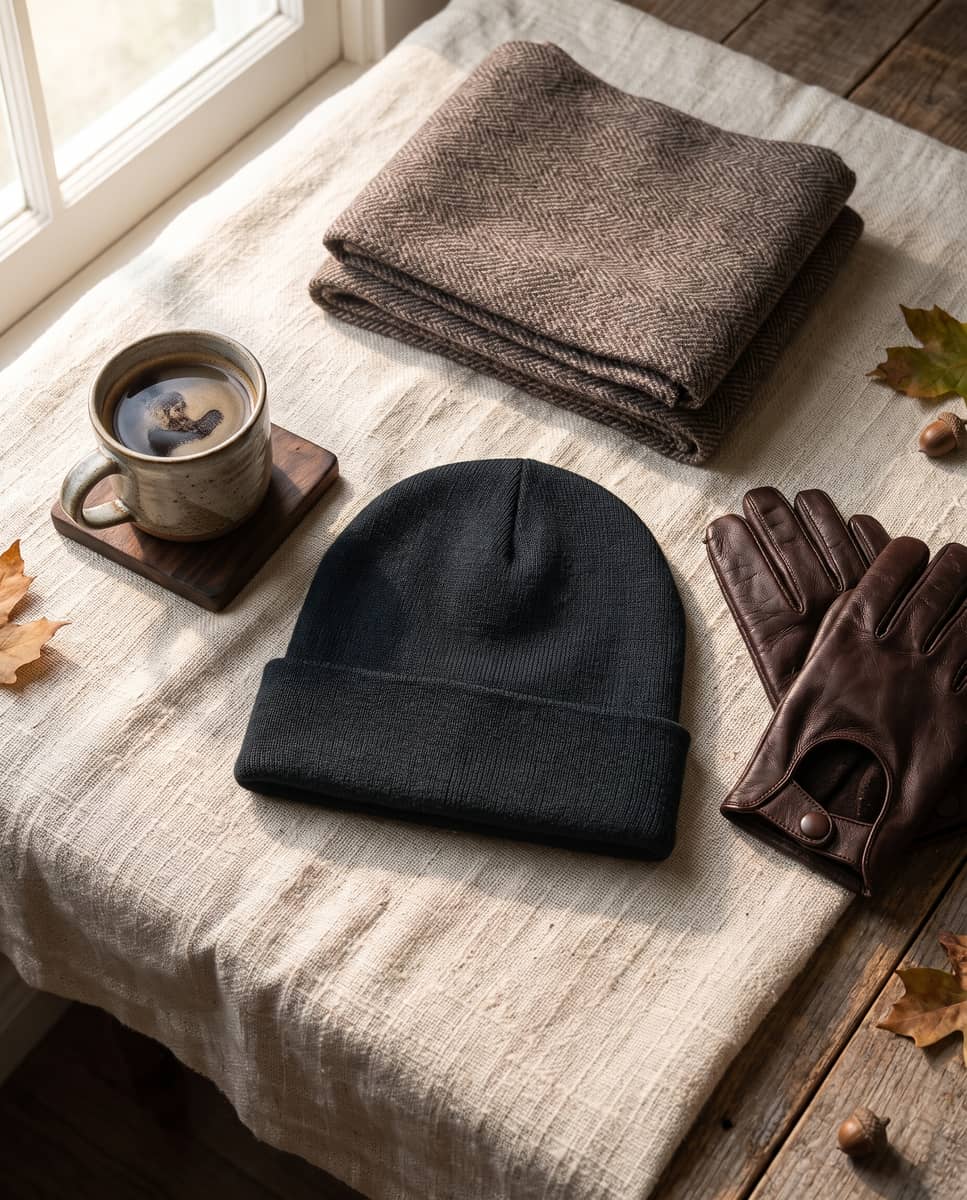 AI flat lay of a cuffed dark beanie on linen with a coffee mug, a herringbone scarf, leather gloves and autumn leaves
