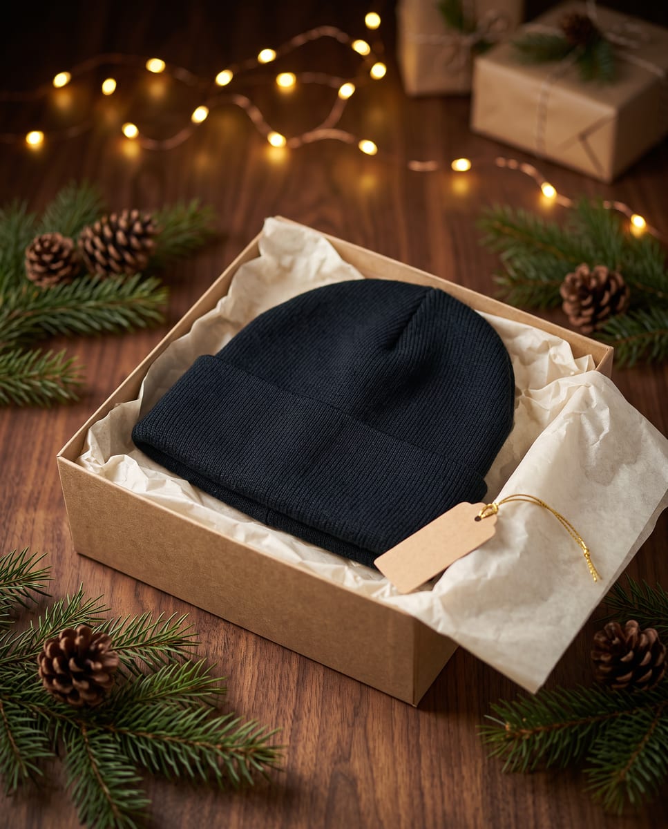 AI holiday photo of a cuffed dark beanie in a kraft gift box with tissue paper, pine branches, string lights and a blank kraft tag