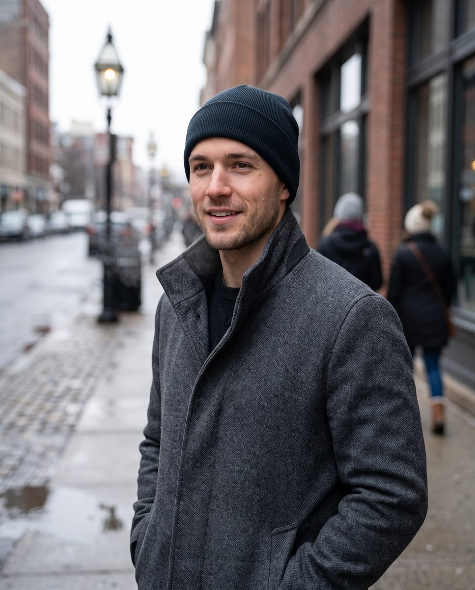 AI photo of a smiling man on a city sidewalk in a grey wool coat, wearing a cuffed ribbed dark beanie
