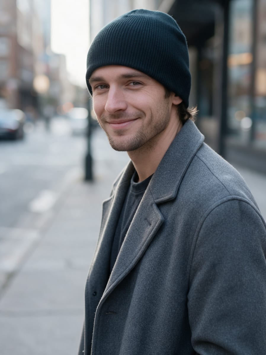 AI photo of a smiling man on a city street in a grey coat, wearing a plain uncuffed dark beanie