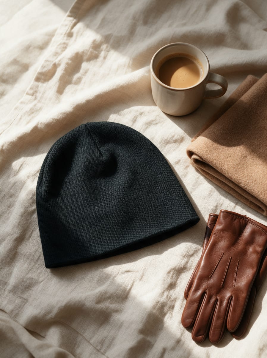 AI flat lay of the plain uncuffed dark beanie on cream linen with a coffee mug, a camel scarf and brown leather gloves in morning light