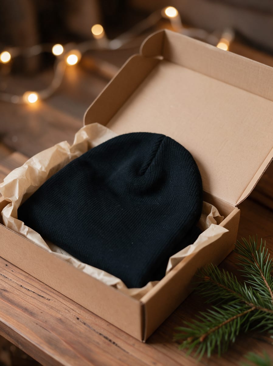 AI photo of the plain uncuffed dark beanie folded in an open kraft mailer box with tissue paper, string lights and a pine branch