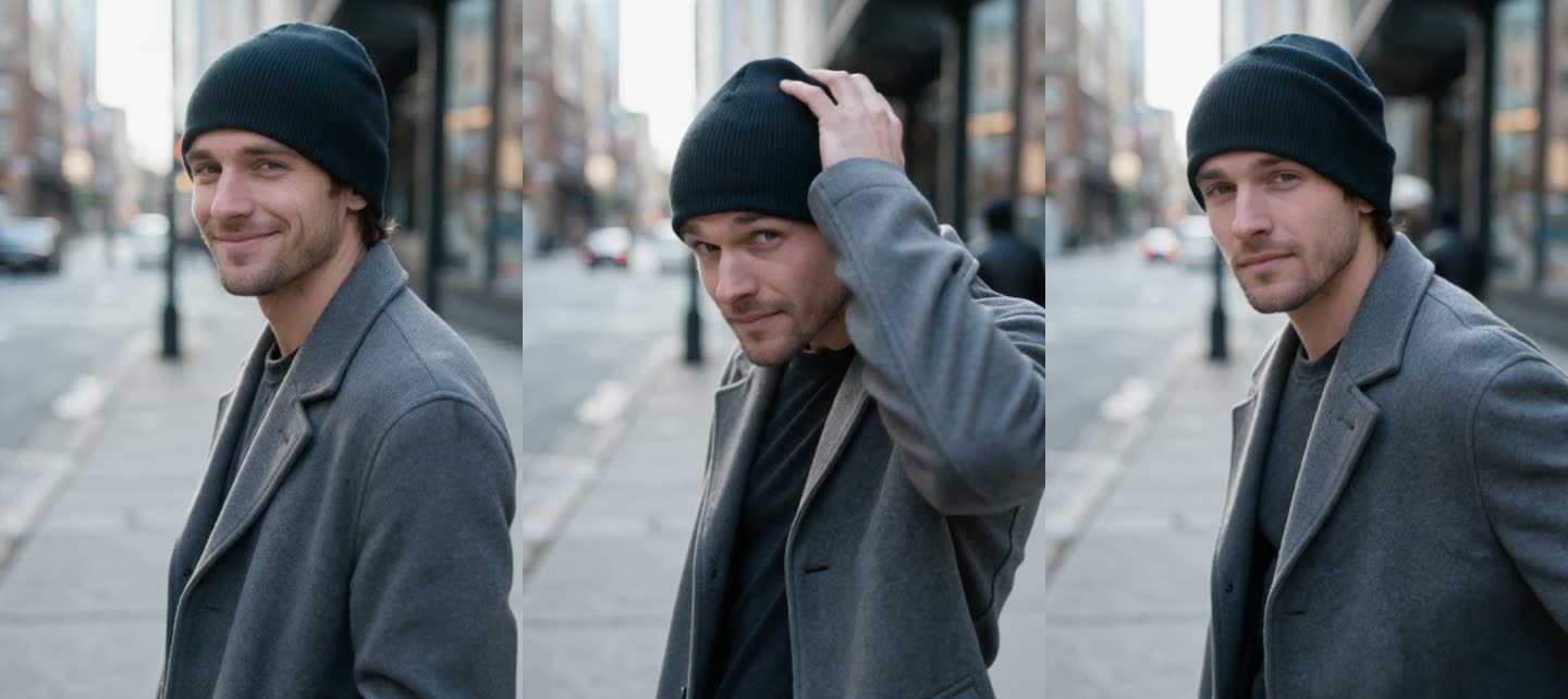 Three frames from the AI video: the man in the grey coat and plain dark beanie smiling, then adjusting the beanie with one hand, then looking at the camera on a city street