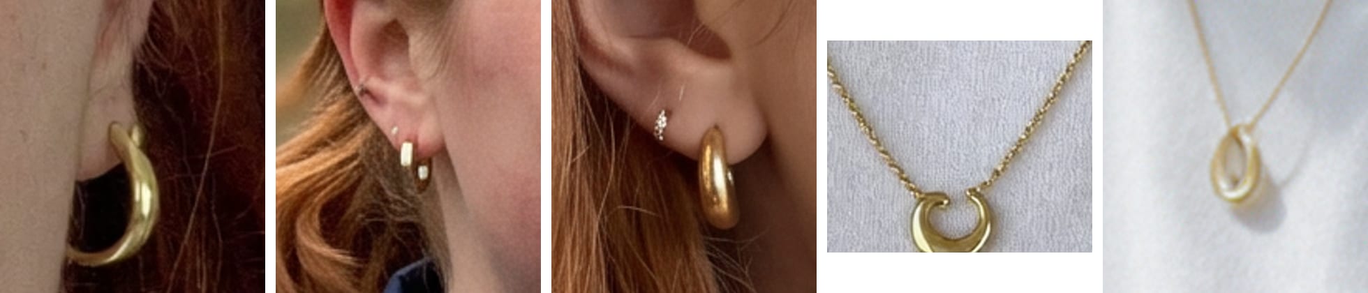 Five close-ups side by side: the reference ear with one gold hoop; a Nano Banana 2 ear with an added cartilage ring and stud; a Nano Banana 2 ear with an added crystal stud; the reference crescent-moon pendant; a Seedream 5.0 Pro pendant that became a plain closed loop