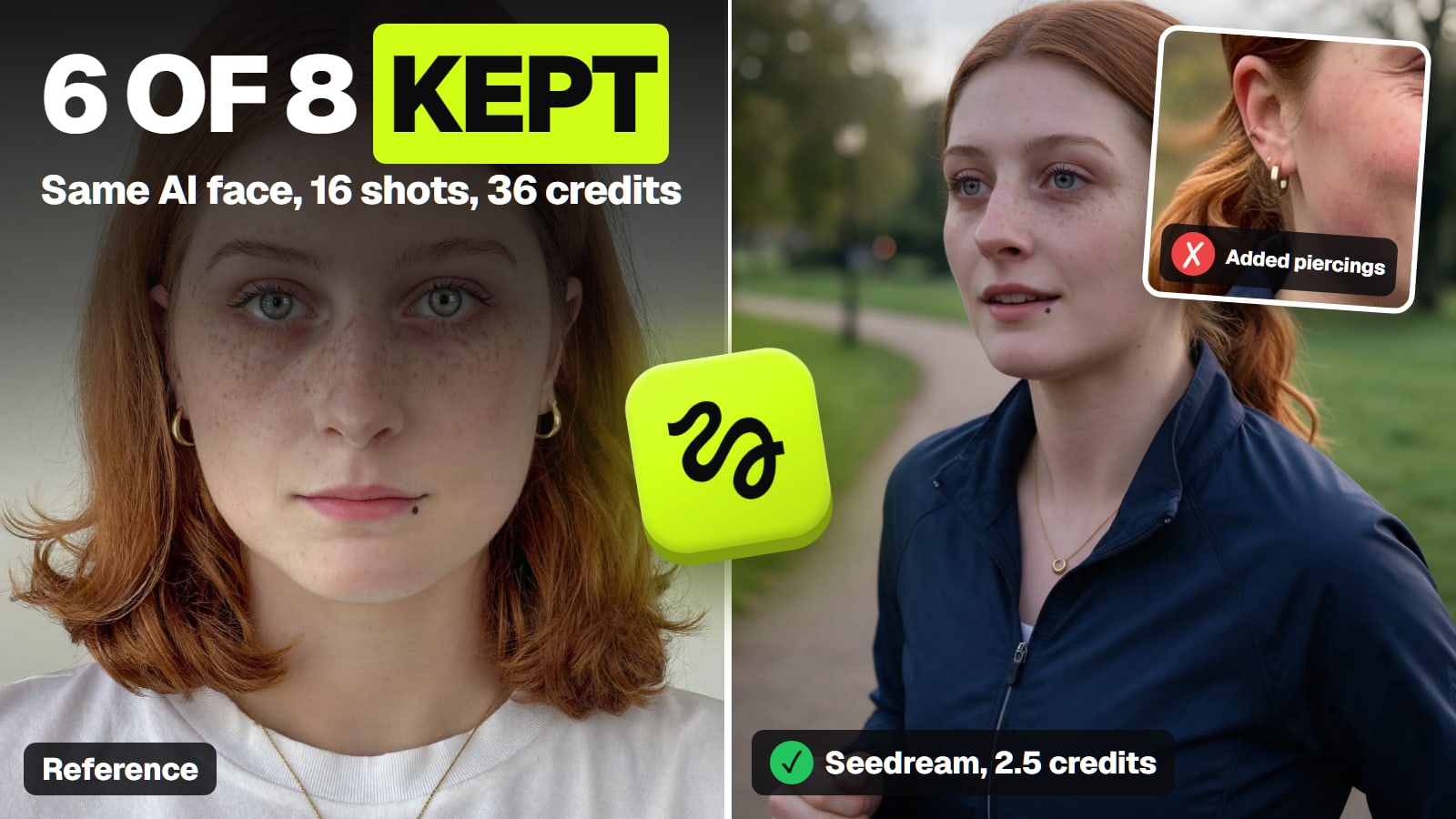 Split thumbnail: left, the AI reference portrait of a freckled woman with copper hair, gold hoops and a small mole below her lip, with the headline 6 of 8 kept and the line same AI face, 16 shots, 36 credits; right, the same woman jogging in a park in a navy jacket marked with a green check and Seedream, 2.5 credits; a small inset of an ear with extra piercings is marked with a red cross; the Higgsfield app icon sits on the seam