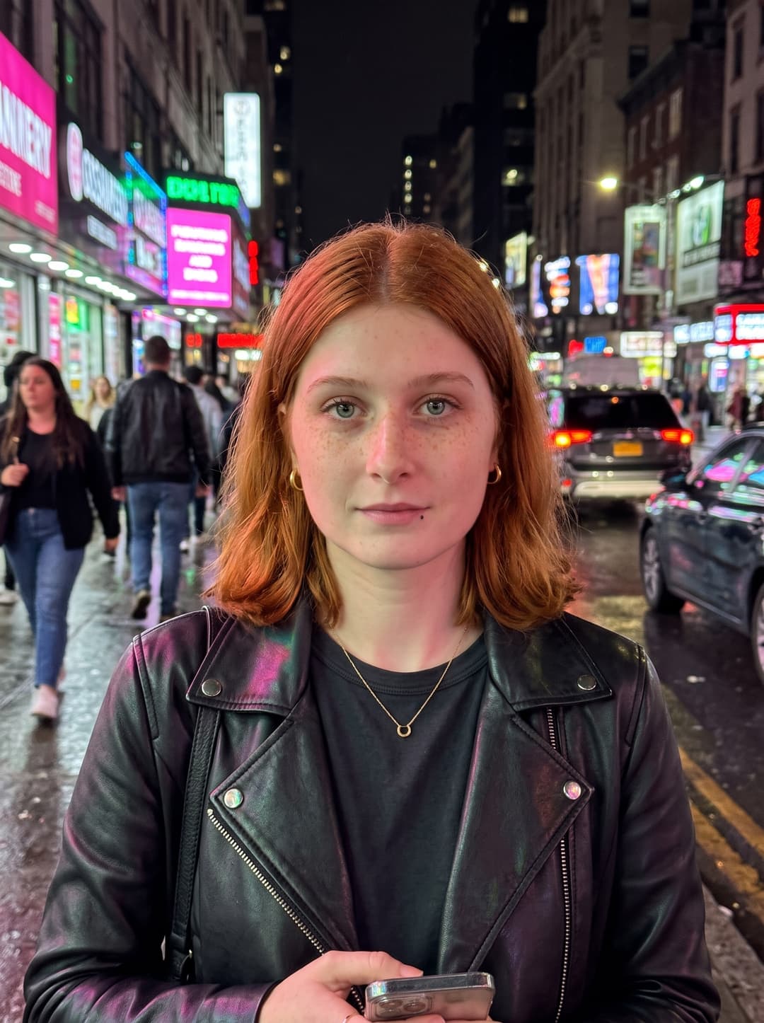 AI photo of the woman on a night street under neon signs in a black leather jacket, looking at the camera