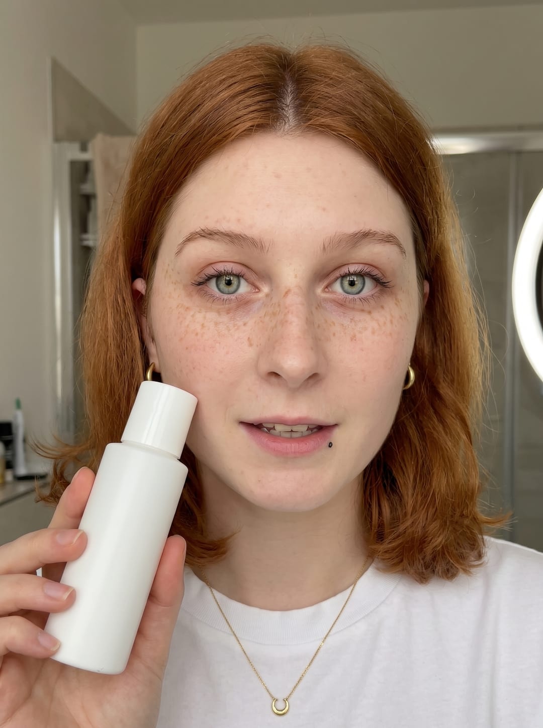 AI selfie-style photo of the woman holding a plain white skincare bottle beside her face in a bathroom, talking to the camera