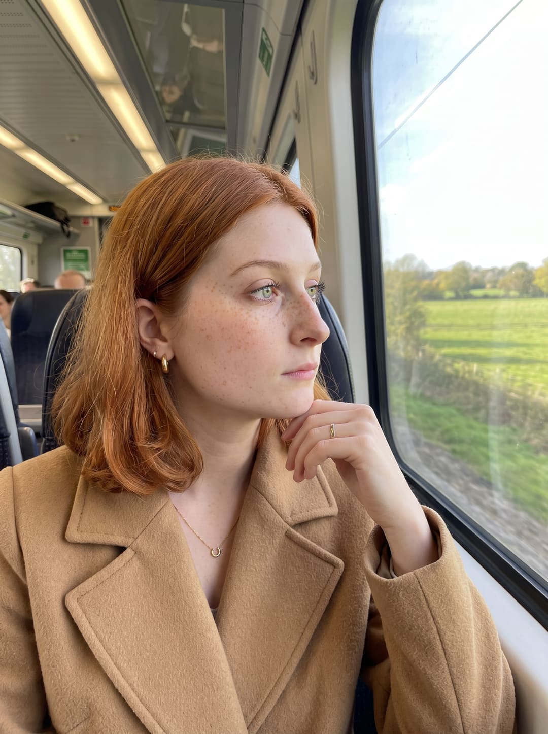 AI photo of the woman in a camel coat on a train, chin on her hand, looking out of the window at green fields