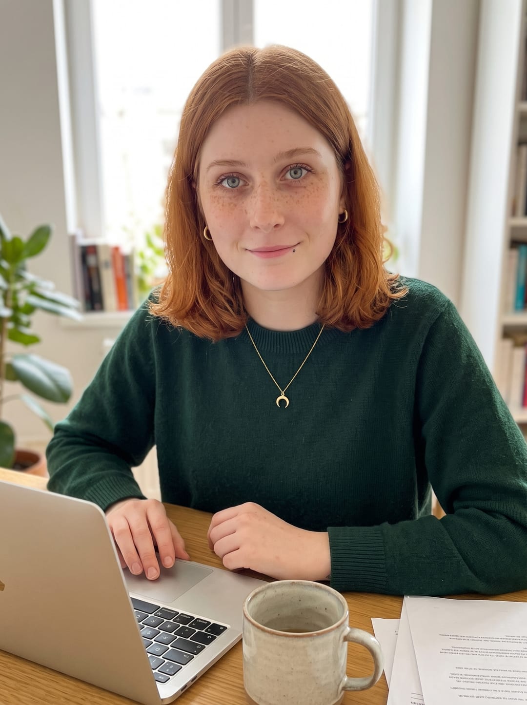 AI photo of the woman at a desk with a laptop and a mug, wearing a dark green sweater, glancing up with a small smile