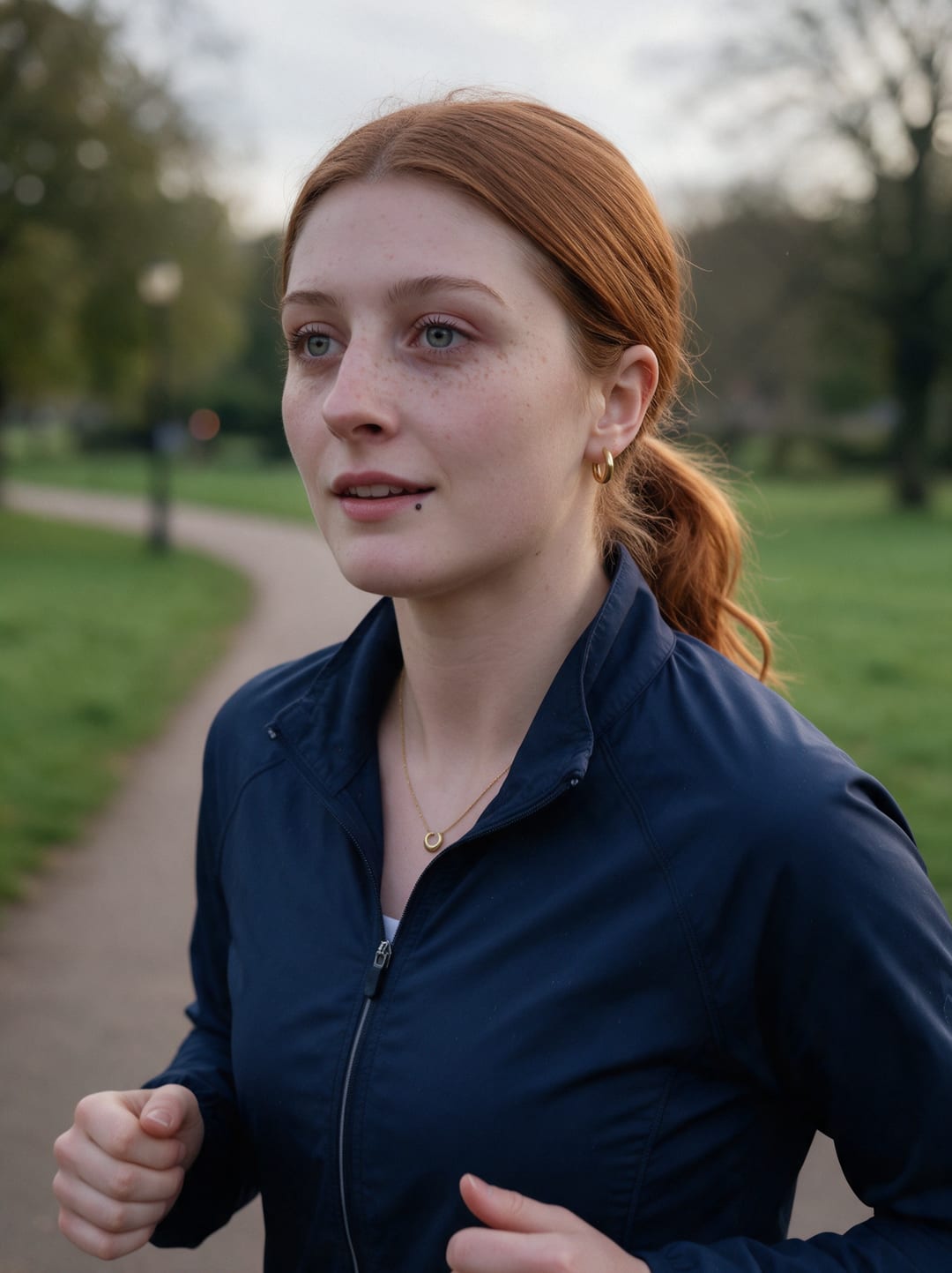 AI photo of the woman jogging in a park in a navy running jacket with her hair in a low ponytail, three-quarter view